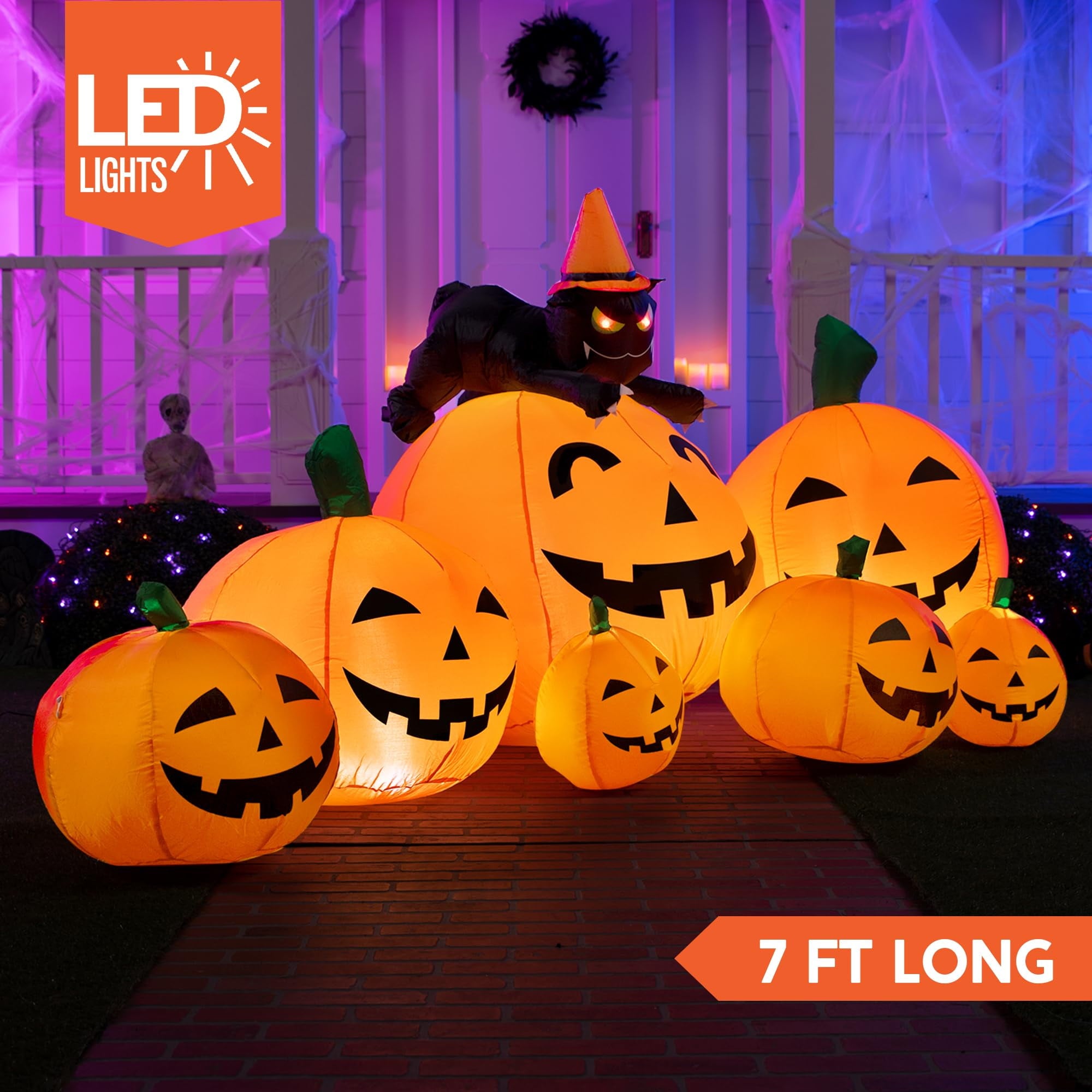 7 ft Halloween Inflatable Long Pumpkin with Witch's Cat Decorations Inflatables with Build-in LEDs,Halloween Decor Outdoor Blow Up Yard Decorations