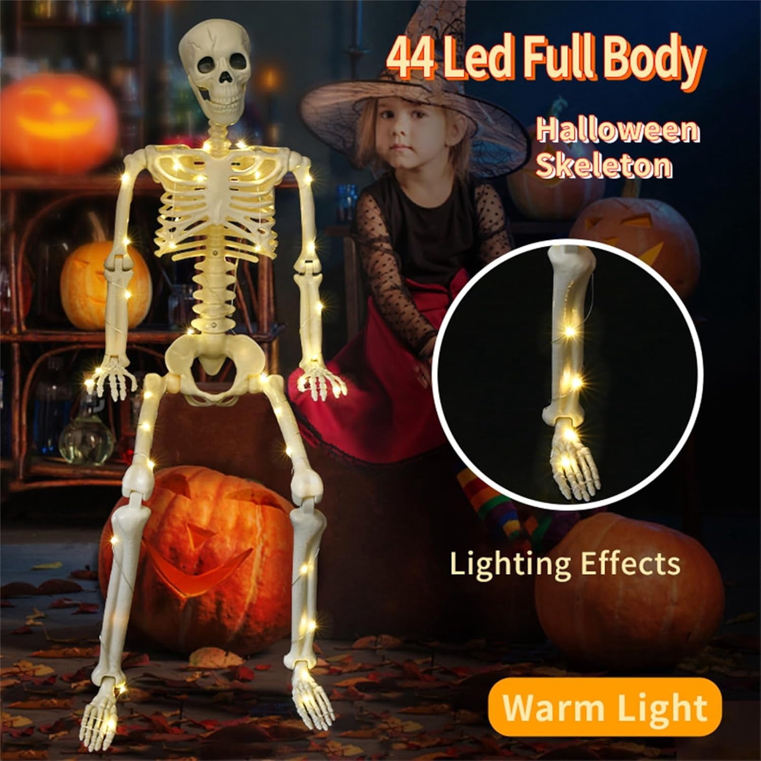 36" Full Body Skeleton Decoration,Halloween Posable Skeleton with Lights, Posable Joints Gothic Skeletons Decoration for Outdoor Indoor Yard Patio Haunted House,Light Up Spooky Party Props Decor