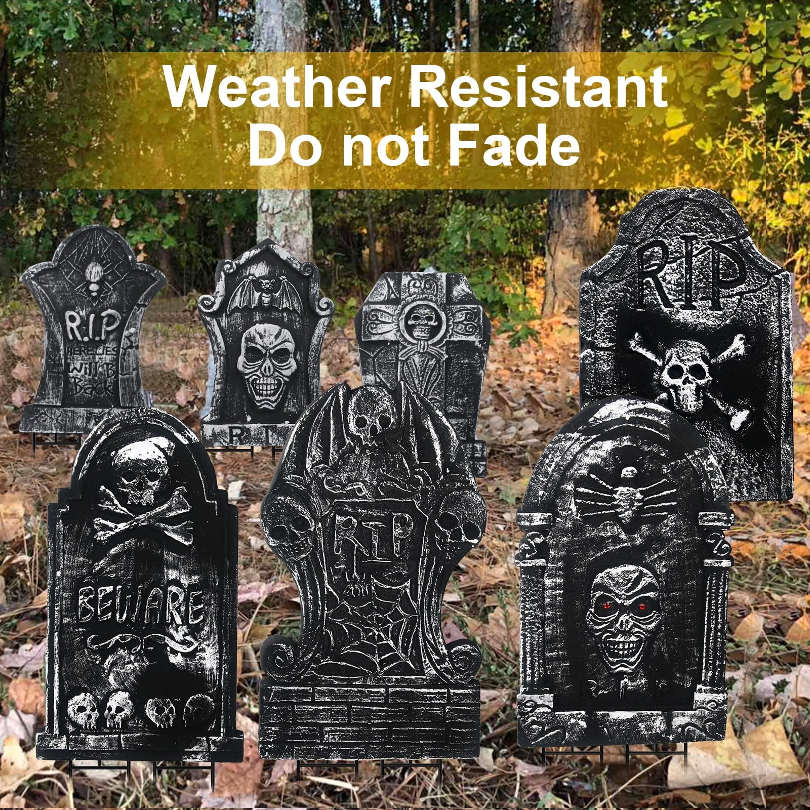 Halloween Foam RIP Graveyard Tombstones, 7Pack(3 x L-Size + 4 x XL-Size) Foam Tombstone for Halloween Party Outdoor Decorations