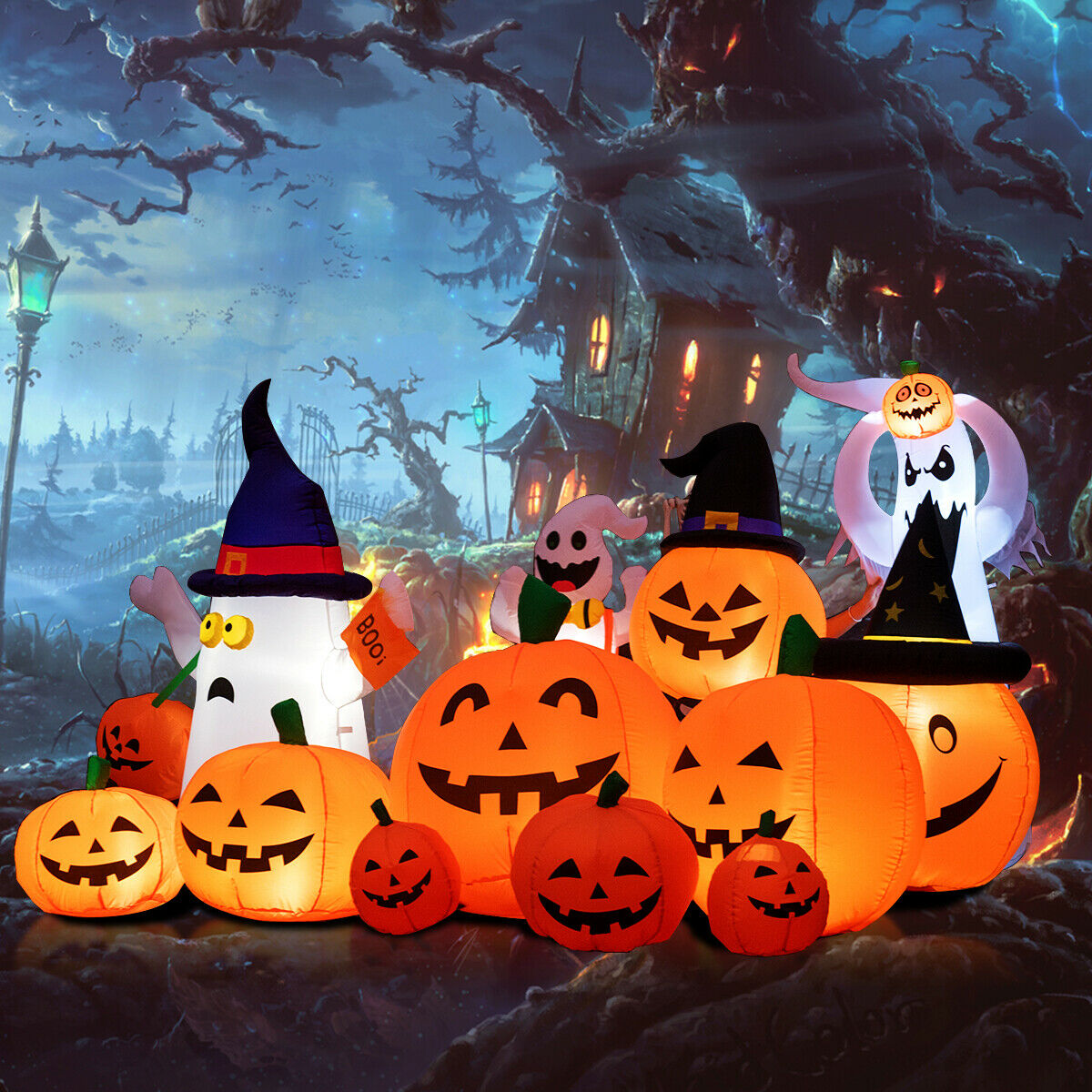 Gymax 7.5ft Inflatable Halloween Pumpkins Set 7 Pumpkins Patch w/ Energy-saving LED & Adapter
