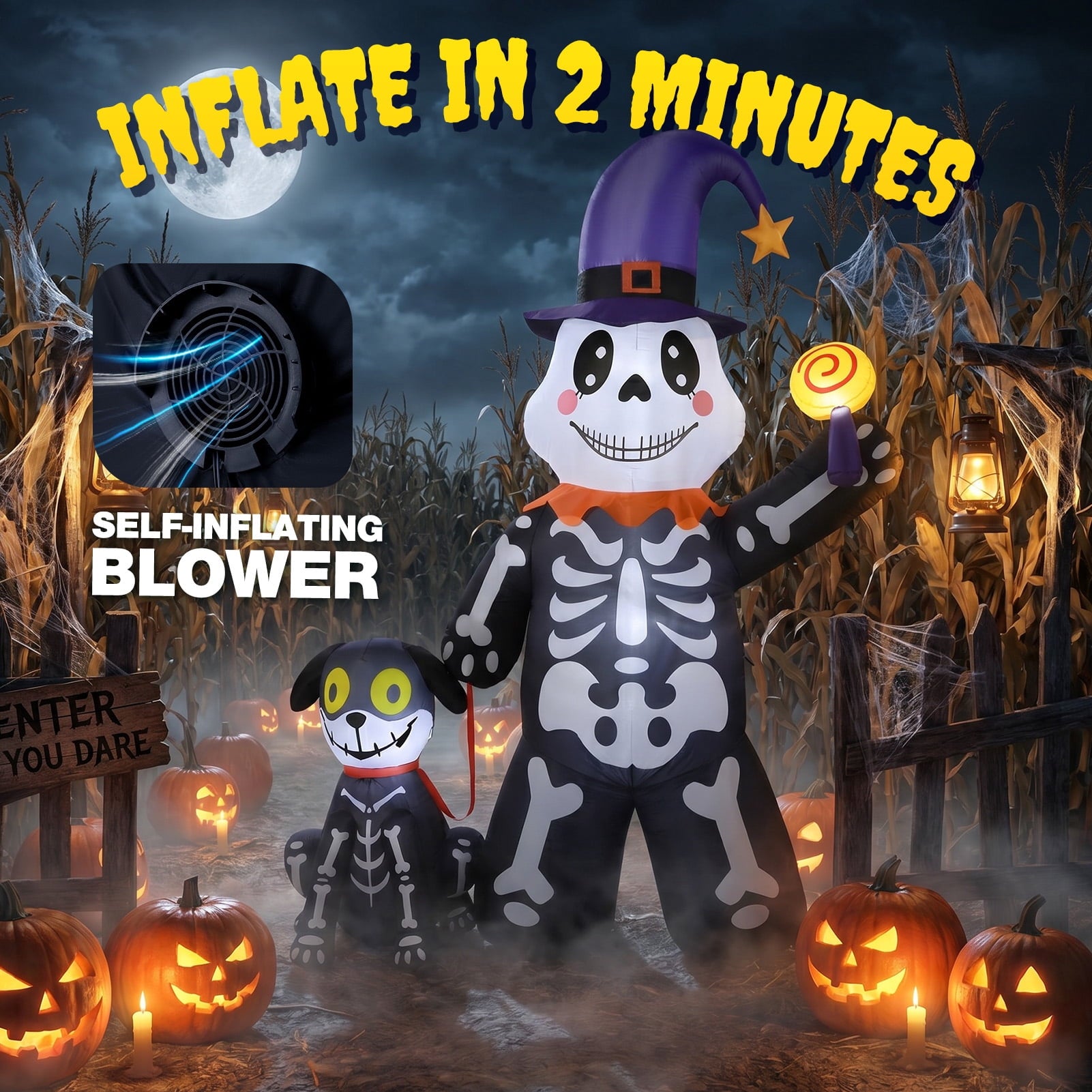 Halloween Inflatables Decorations Skeleton and Dog, Halloween Blow ups Yard Decorations Outdoor for Garden Lawn
