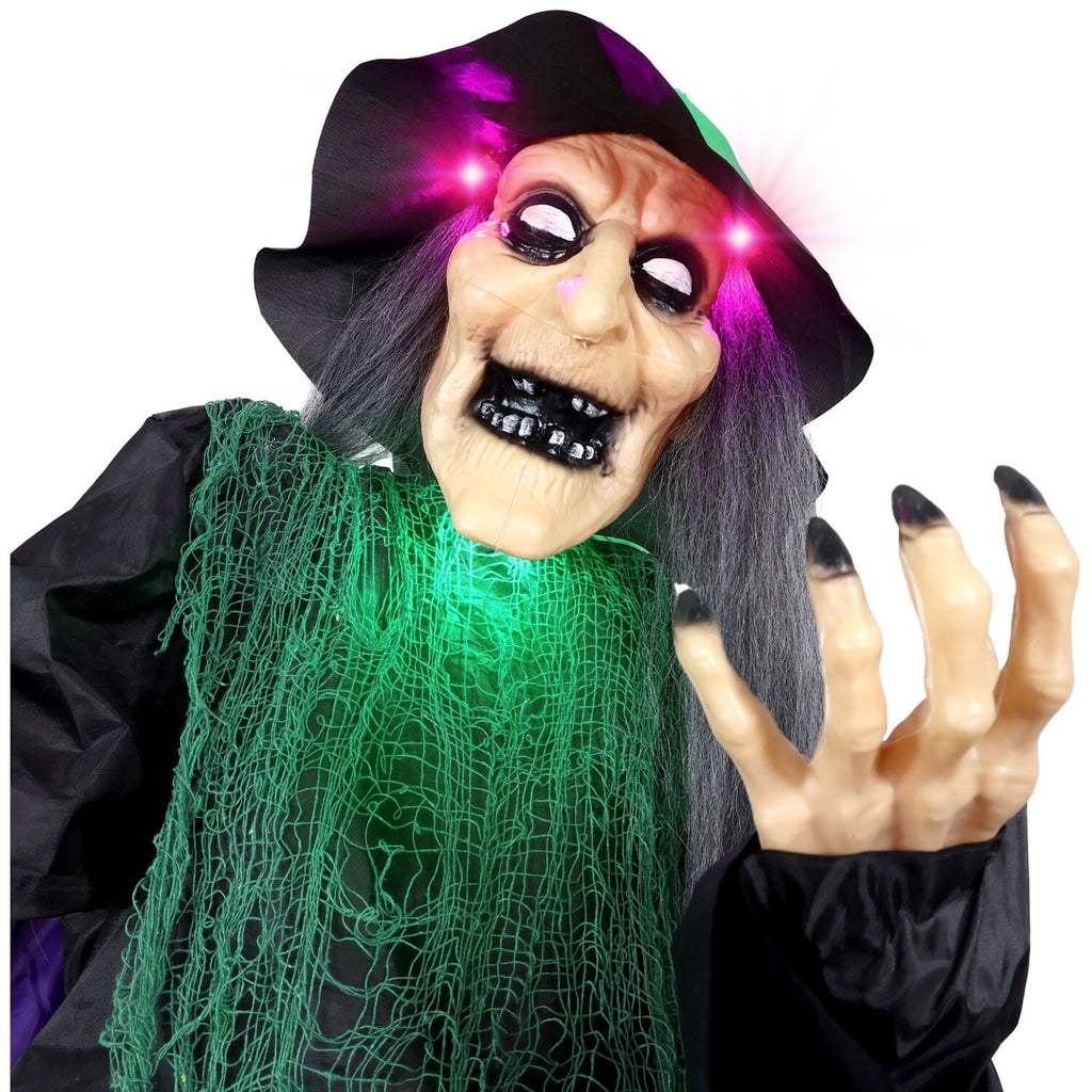 6 ft Touch-Activated Mounted Flying Witch Halloween Animatronic, HHWITCH-52FLS
