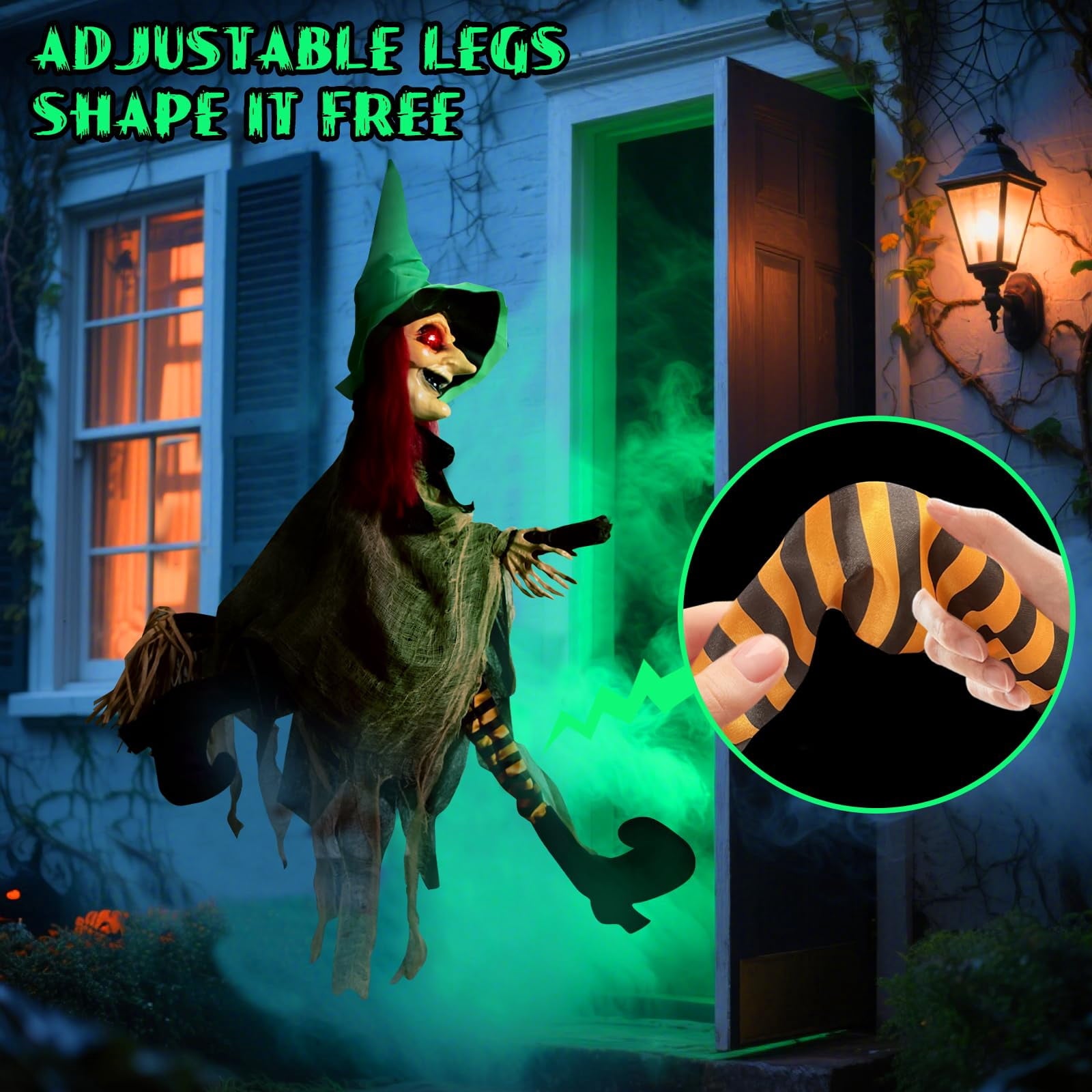 Halloween LED Light-Up Flying Witch on Broomstick, Realistic Sound & Motion, Scary Animated Decoration with Kicking Legs for Yard, Party, Haunted House Green