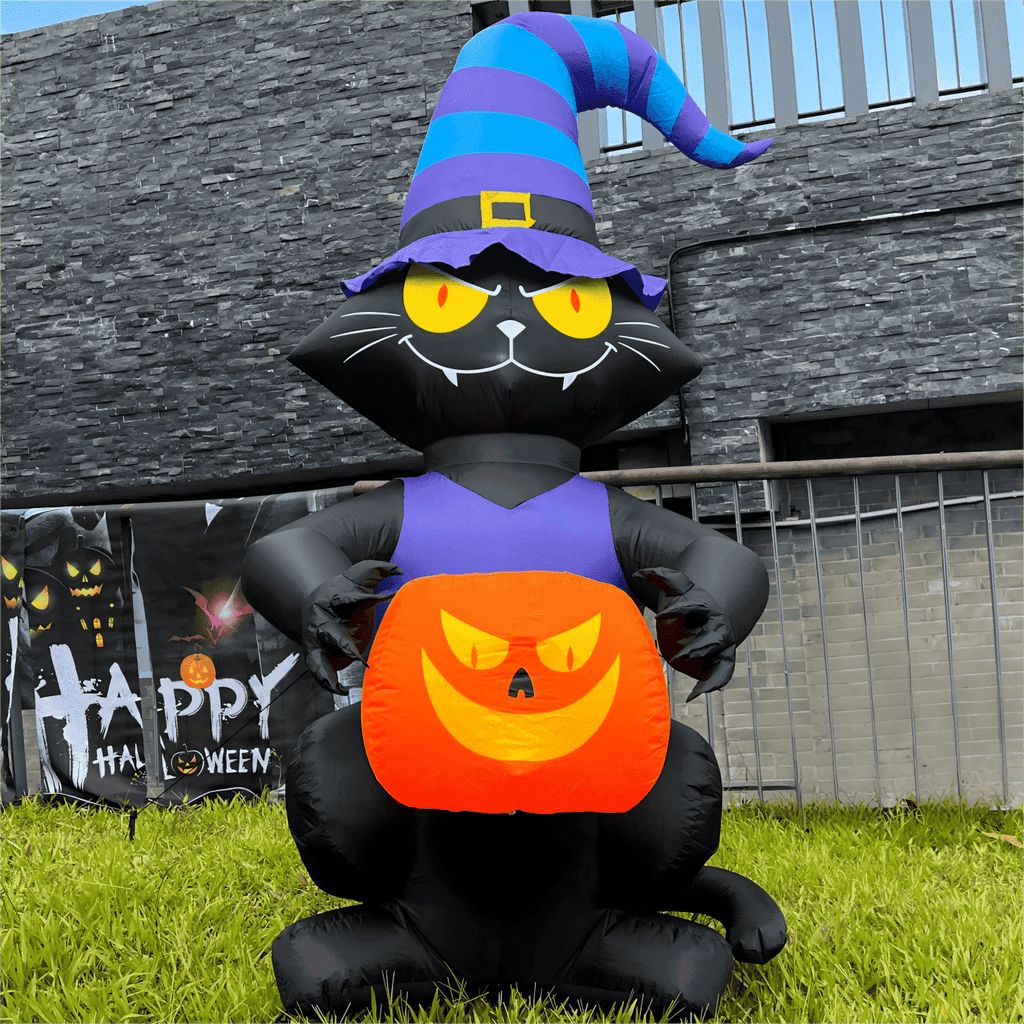 Toiyjofe 6ft Halloween Inflatable Black Cat with Jack-o'-Lantern & LED Lights, Trick-or-Treat Yard Decoration with Witch Hat for Outdoor Lawn & Porch