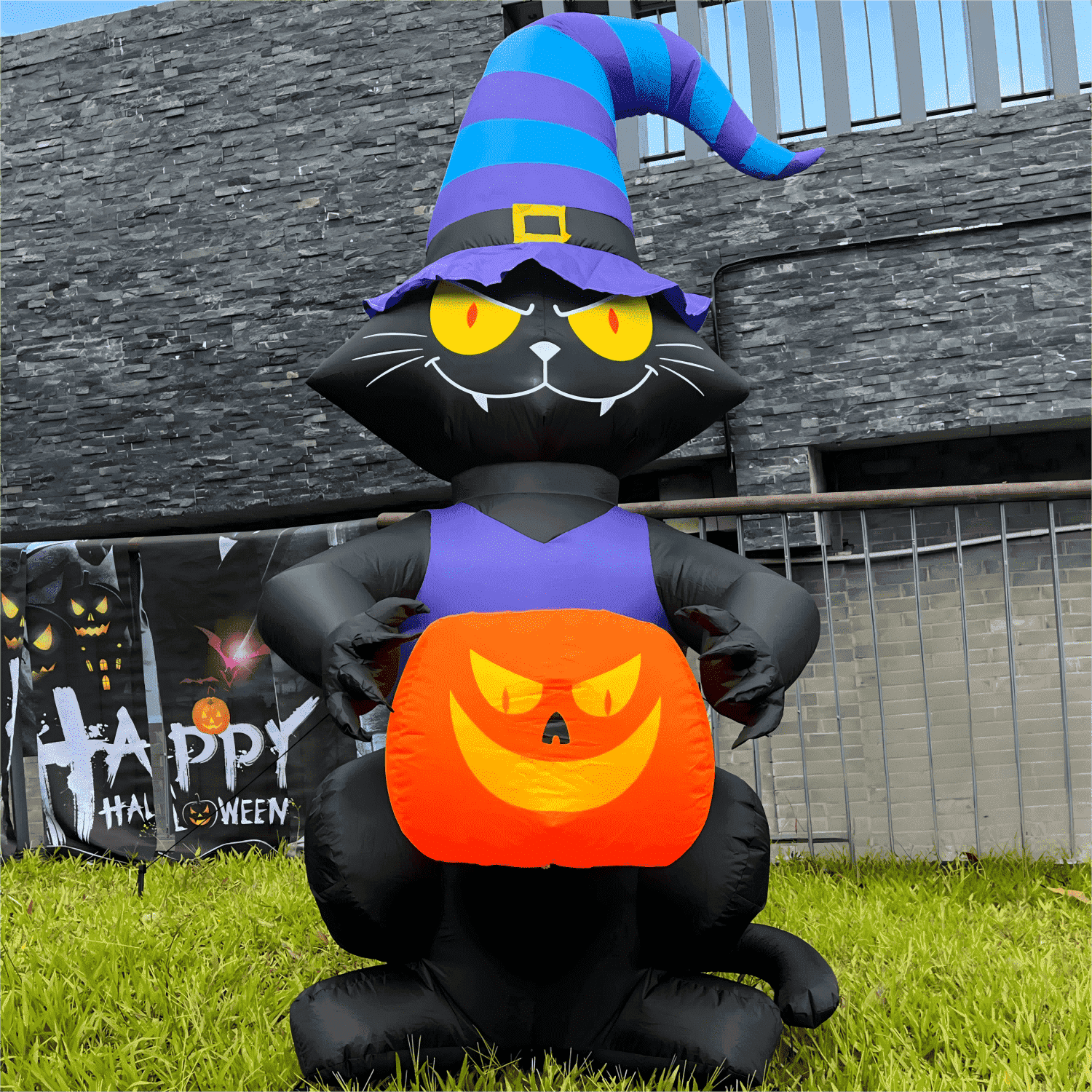 Toiyjofe 6ft Halloween Inflatable Black Cat with Jack-o'-Lantern & LED Lights, Trick-or-Treat Yard Decoration with Witch Hat for Outdoor Lawn & Porch