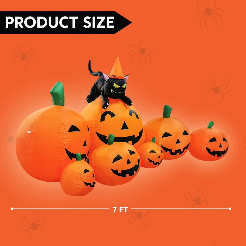 7 ft Halloween Inflatable Long Pumpkin with Witch's Cat Decorations Inflatables with Build-in LEDs,Halloween Decor Outdoor Blow Up Yard Decorations