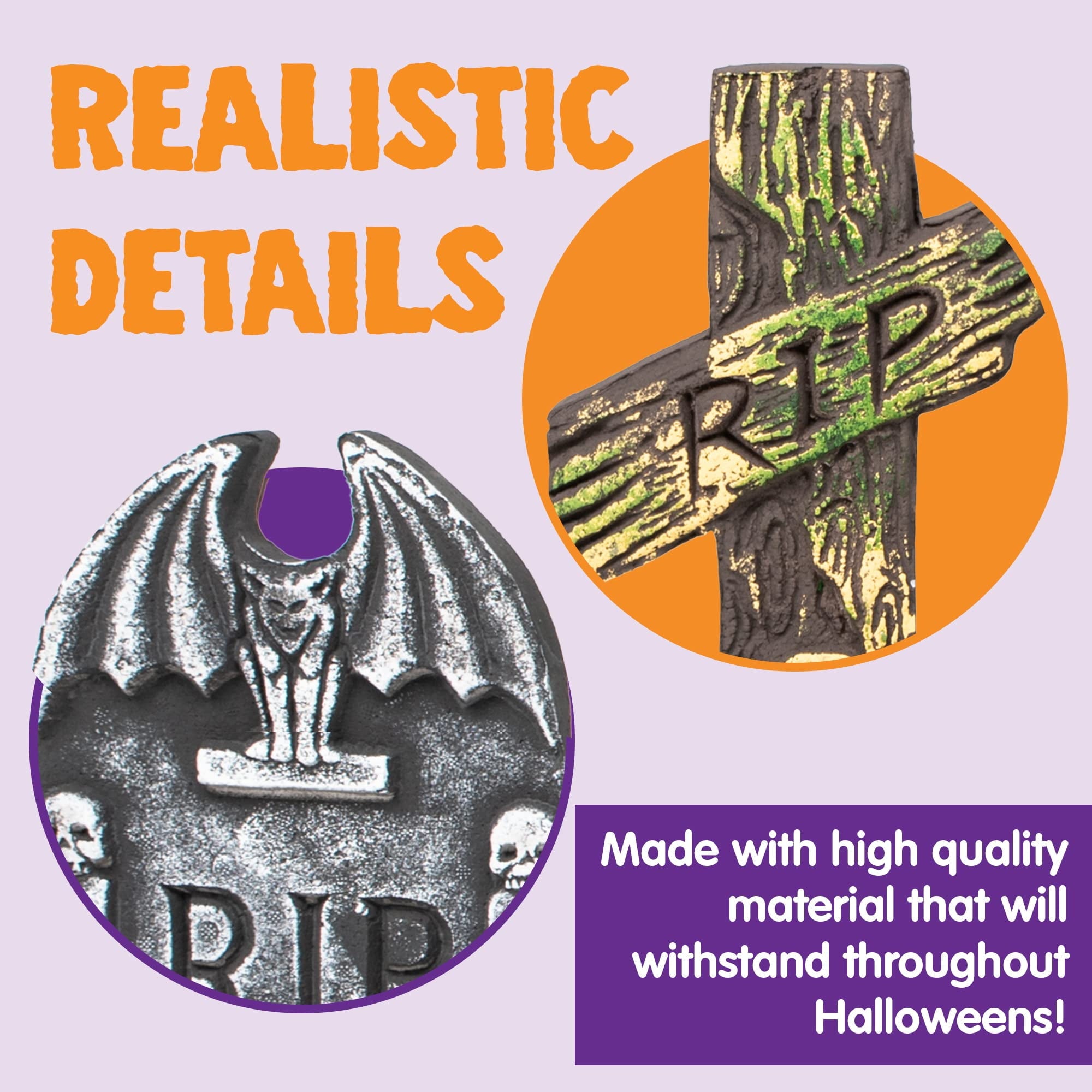 17" Halloween 5 Pack Tombstone Decorations, Foam RIP Graveyard Signs Cemetery Headstones Scary Outdoor Indoor Halloween Decor with 12 Metal Stakes for Easy Set Up, Waterproof for Garden Lawn
