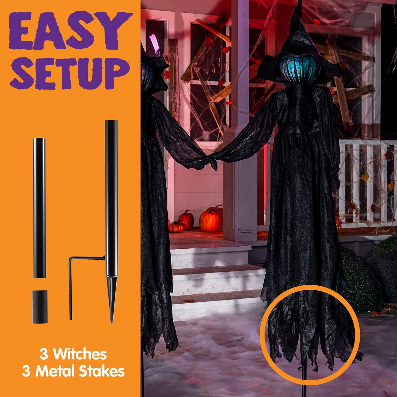 3 Pack Witches Halloween Decorations Outdoor, 51" Sound Activated Light Up Flying Witch Stakes with Color Changing Face & Creepy Sound, Life Size Halloween Props for Lawn Grave Party