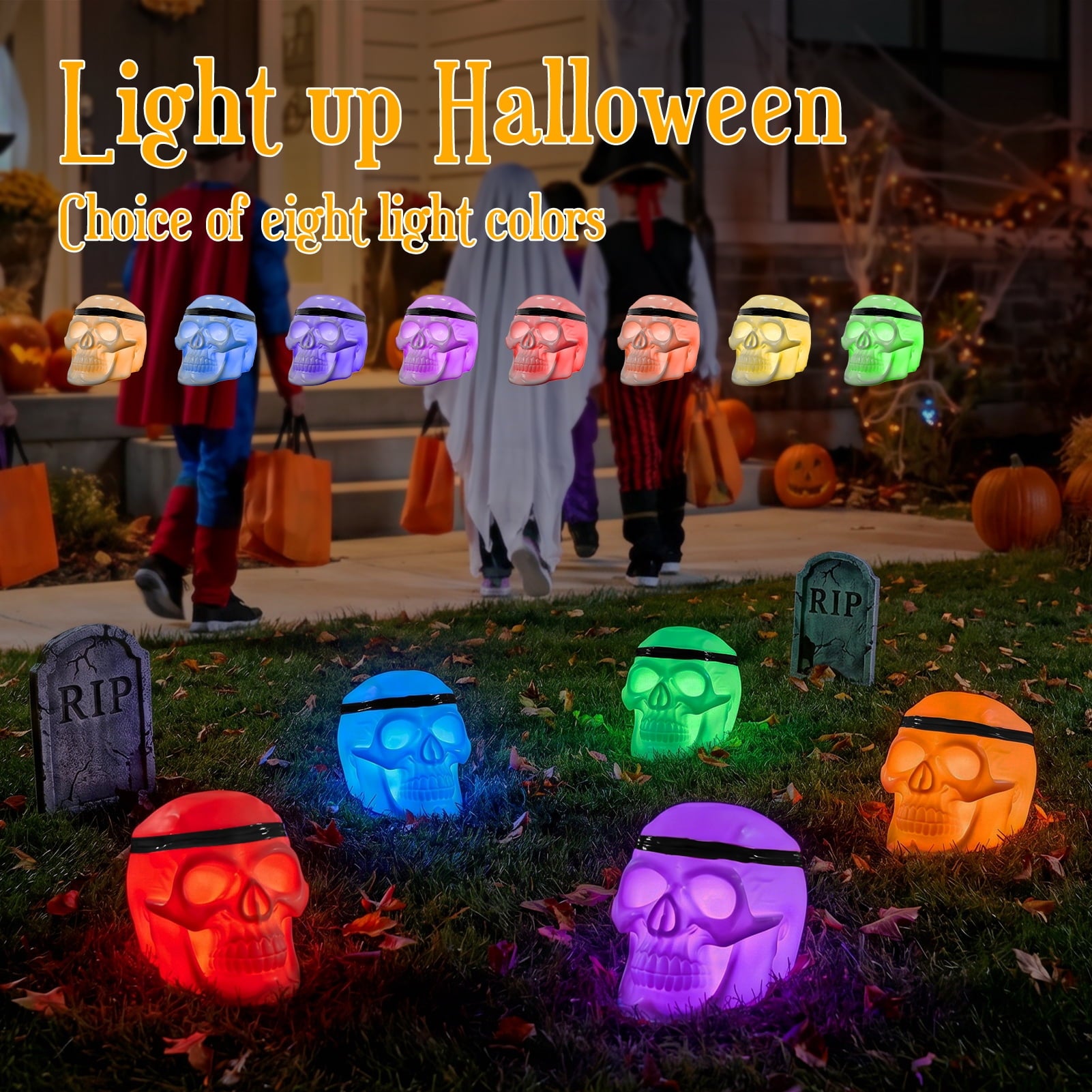Postlucky 7.5" 8-Color Dimmable LED Skull Light, Halloween Outdoor Skeleton Decor Lamp, 3 AA Battery Powered, Black Strip Accessory