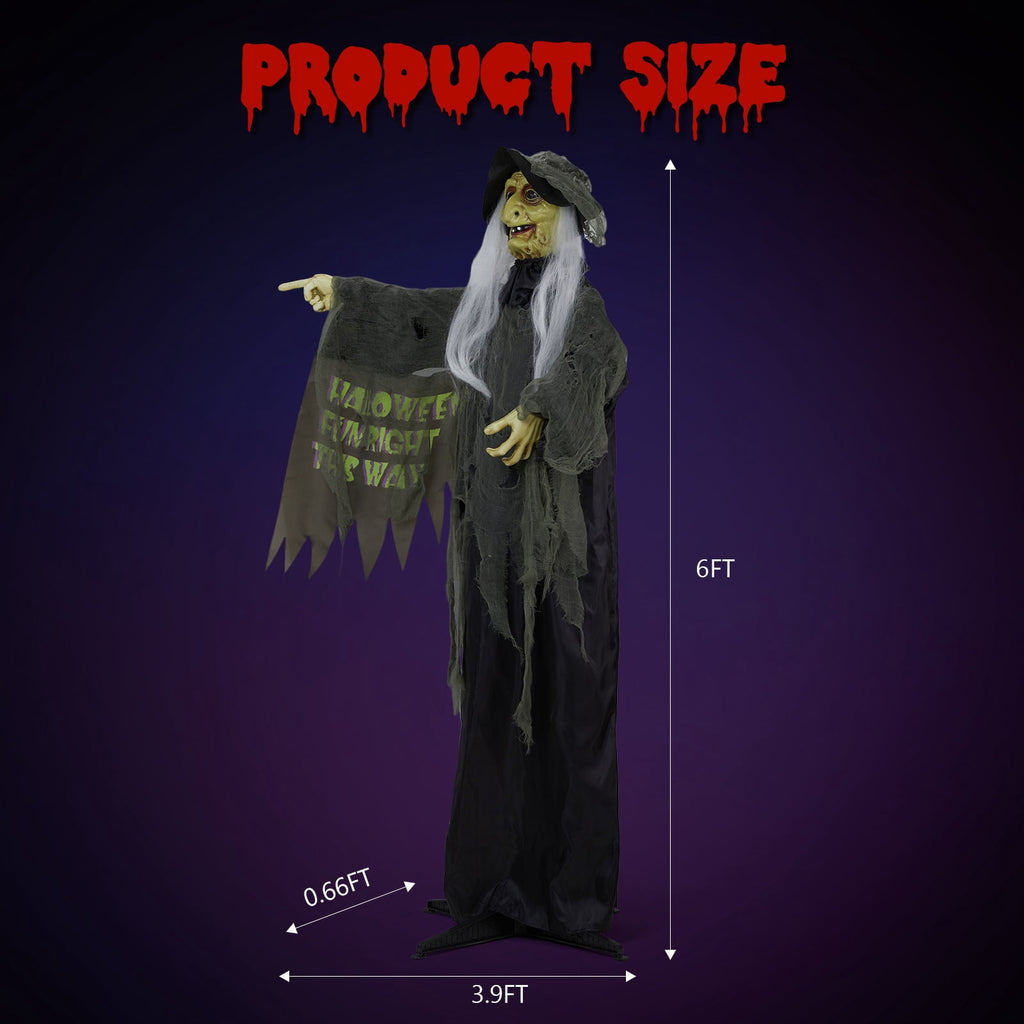 6FT Halloween Animatronic Witch Standing Outdoor Halloween Decoration w/ Red Eyes,Scary Sounds