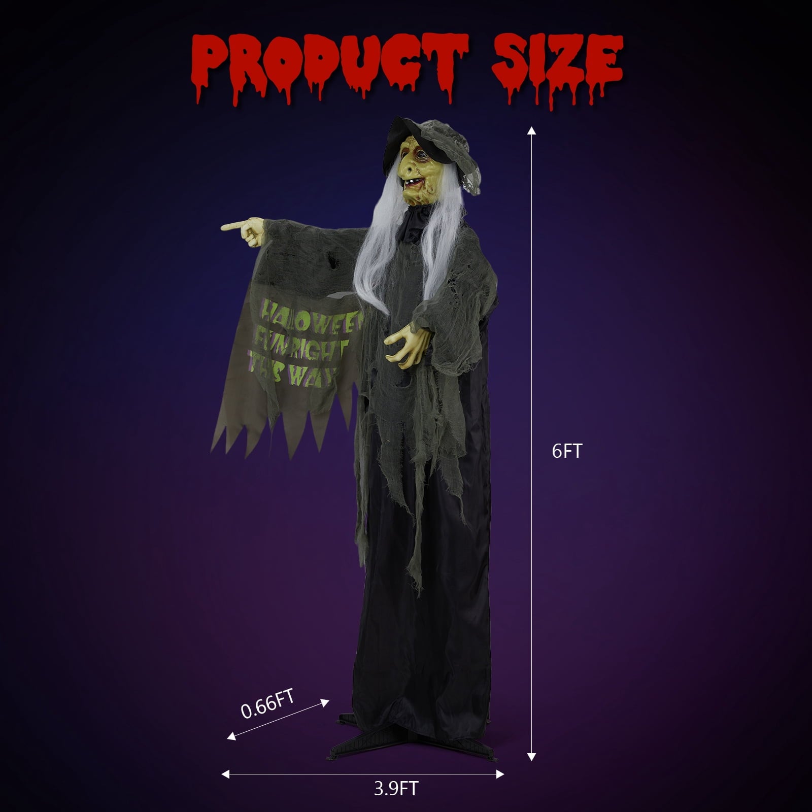 6FT Halloween Animatronic Witch Standing Outdoor Halloween Decoration w/ Red Eyes,Scary Sounds