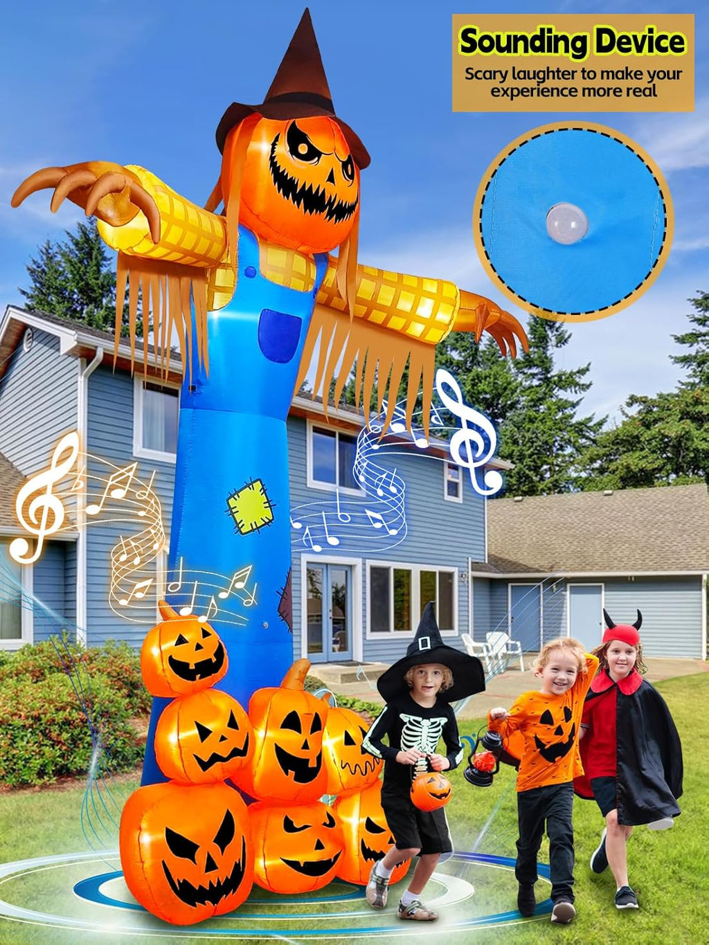 12.5 FT Halloween Inflatables with Music, Giant Pumpkin Scarecrow Inflatable with LED Light Blow Up Yard Decor with Scary Sound for Outdoor Garden Lawn Holiday Party Supplies