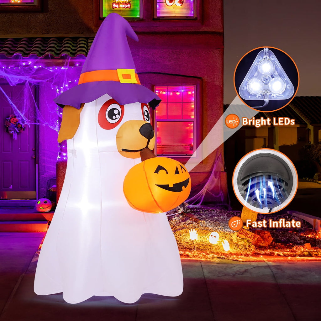 Halloween Inflatables 6 FT Inflatable Ghost Dog with Pumpkin in Mouth & Witch Hat, Halloween Ghost Dog Inflatables with LED Lights, Outdoor Halloween Decorations for Halloween Holiday Party