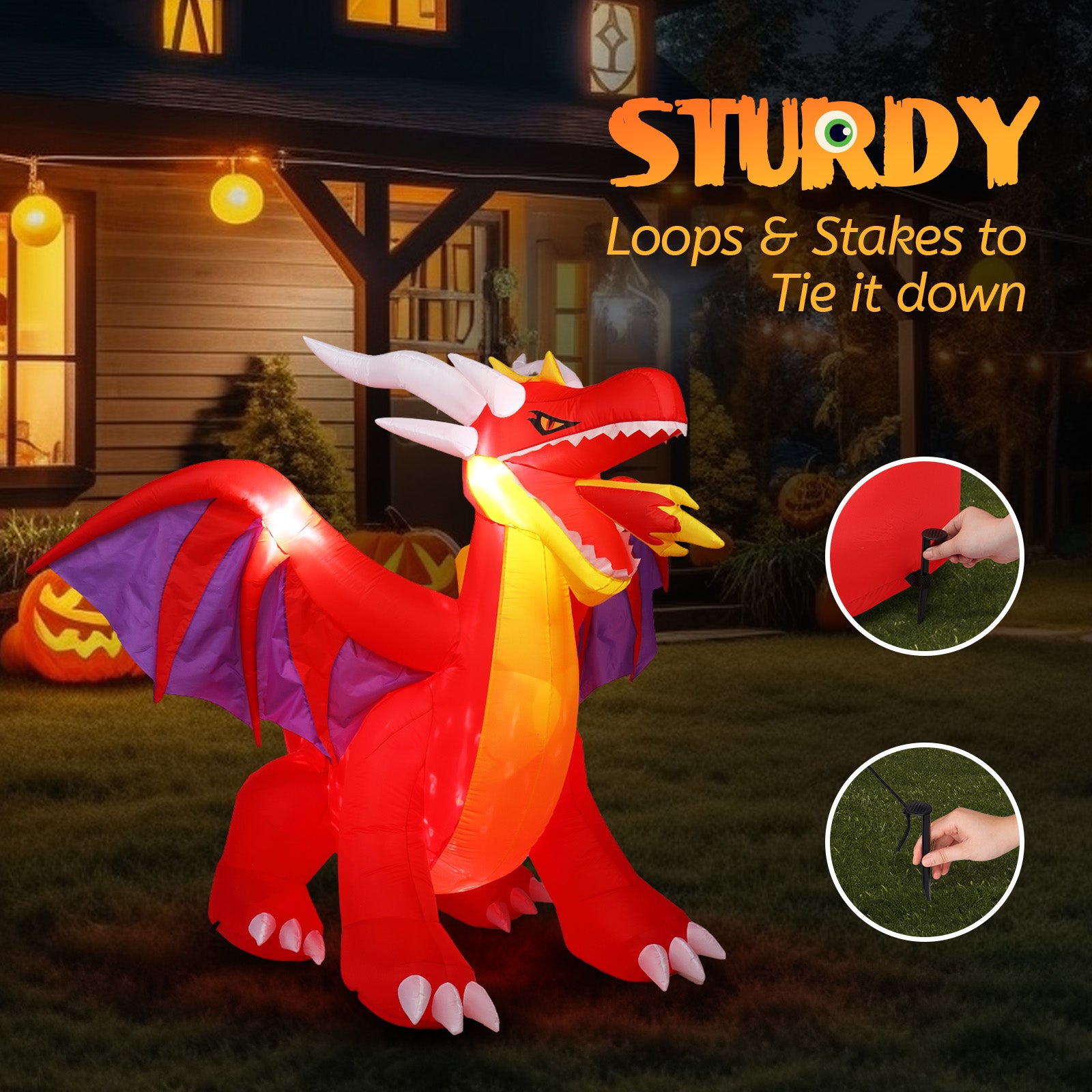 6FT Halloween Inflatables Fire Dragon Outdoor Halloween Decoration Built-in LED Lights