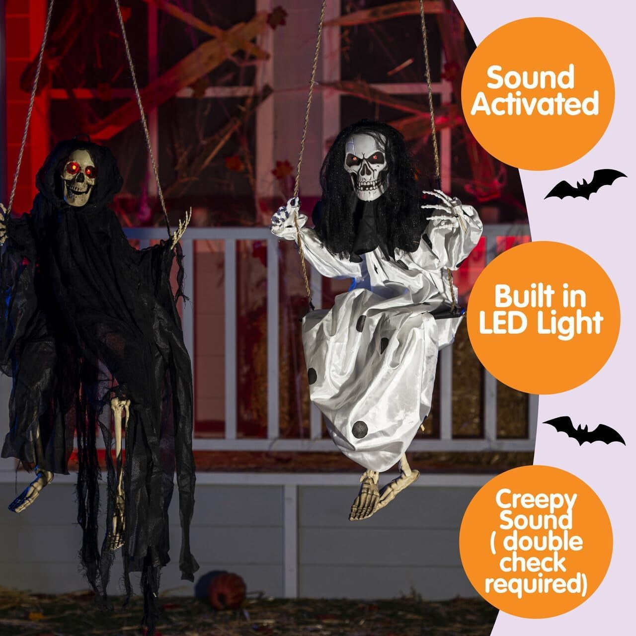 2 Packs Halloween Decorations Outdoor Hanging Swinging Skeleton Ghosts,3 ft Light Up Creepy Grim Reaper Decorations for Halloween Hanging Decorations Indoor Outdoor Yard