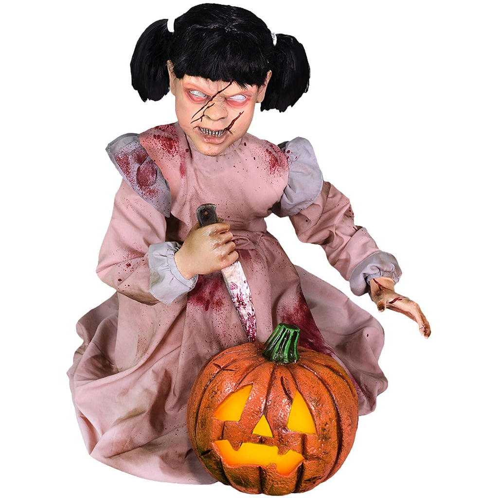 Lunging Pumpkin Carver Zombie Girl with Jack O'Lantern by Tekky, 3.2 ft Premium Talking Halloween Animatronic, HHPMPCVR-FLSA