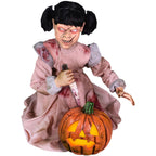 Lunging Pumpkin Carver Zombie Girl with Jack O'Lantern by Tekky, 3.2 ft Premium Talking Halloween Animatronic, HHPMPCVR-FLSA