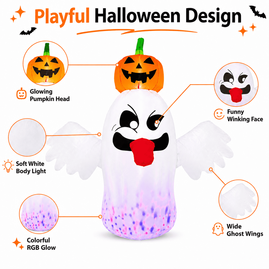 6FT Halloween Inflatable Ghost with Pumpkin Head, Light-Up Blow Up Outdoor Yard Decoration with White and RGB LED Lights