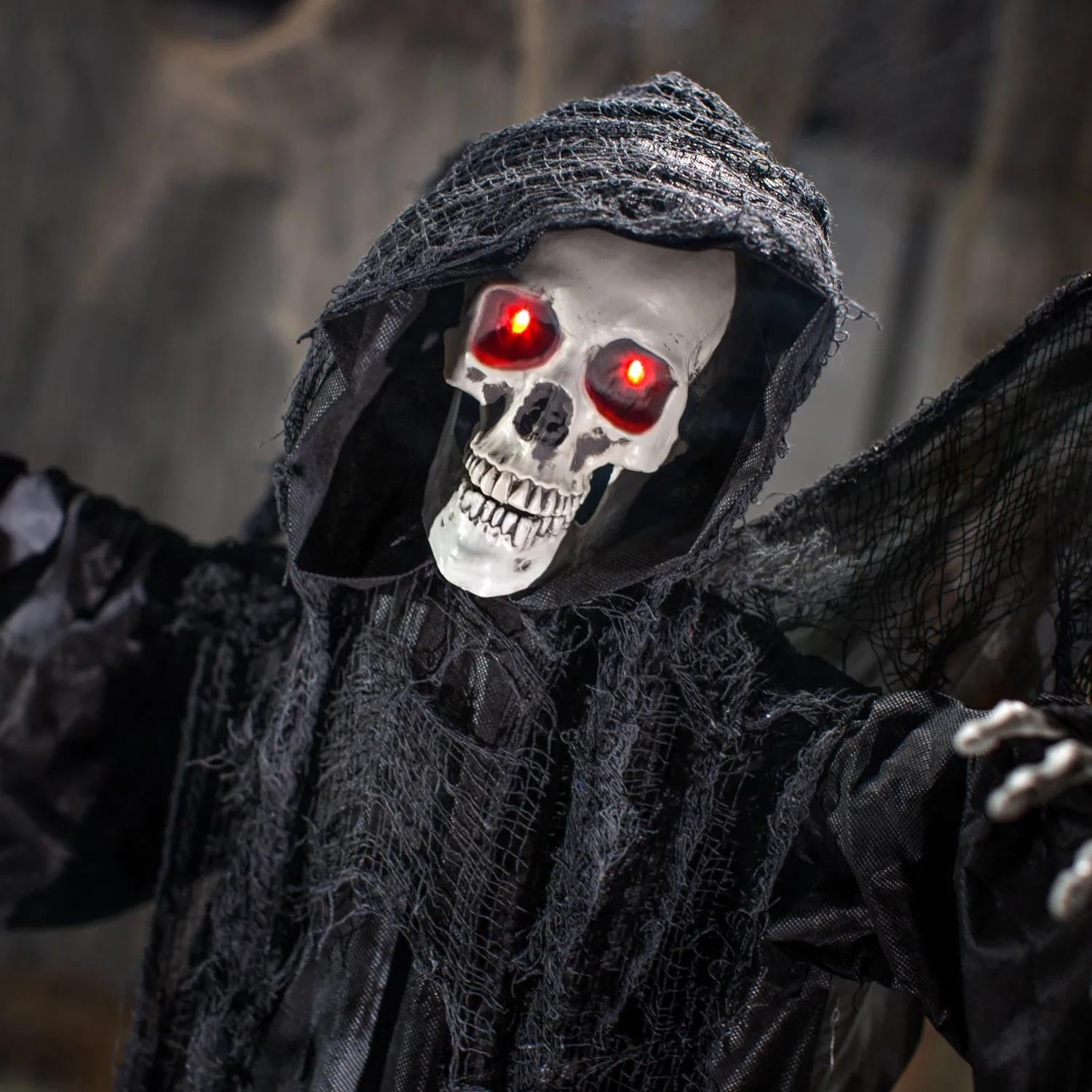 6 Ft. 2 3/4" Skeletal Reaper with Wings Animated Prop Standing Halloween Decoration