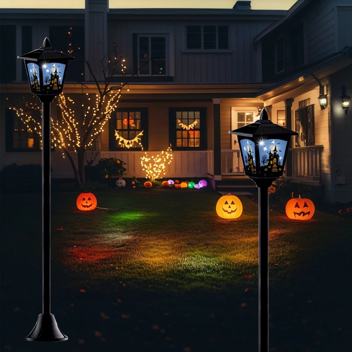 2-Pack Haunted House Solar Post Lights - Spooky Halloween Decoration with Eerie Glow, 40" Rust-Proof Stake, Auto On/Off for Outdoor Yard