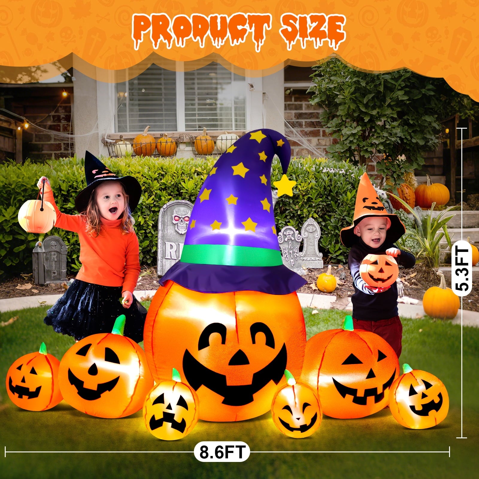 8.7FT Halloween Inflatable Pumpkin Set, 7-Pumpkin Outdoor Decoration with Witch Hats and LED Lights for Yard, Garden, Lawn