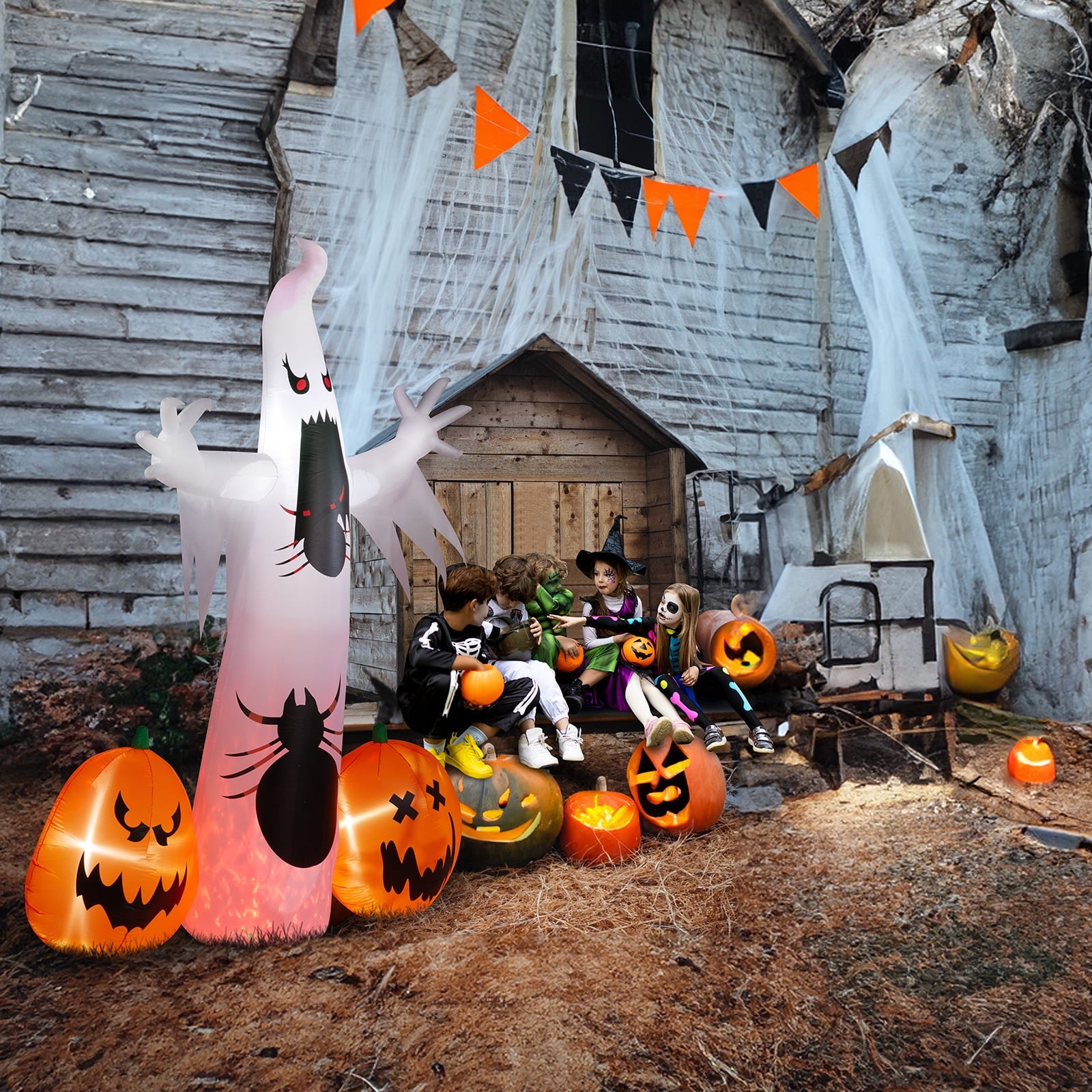 12' Halloween Inflatables Outdoor Halloween Decoration Giant Ghost with 2pcs Pumpkin Blow up Decor