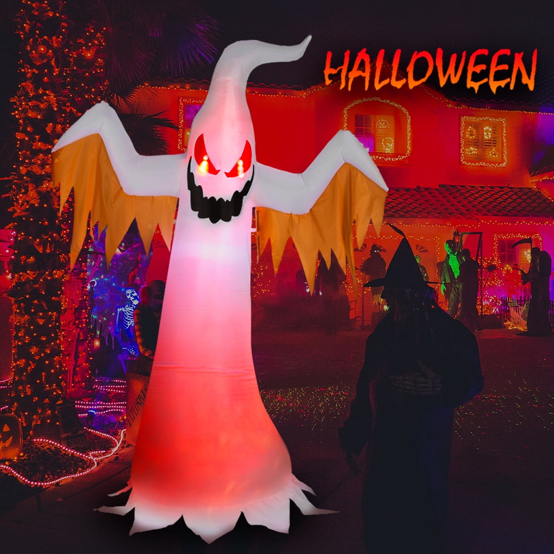 VIVOHOME 8ft Height Halloween Inflatable White Ghost with Red Rotating Led Lights Blow up Outdoor Lawn Yard Decoration