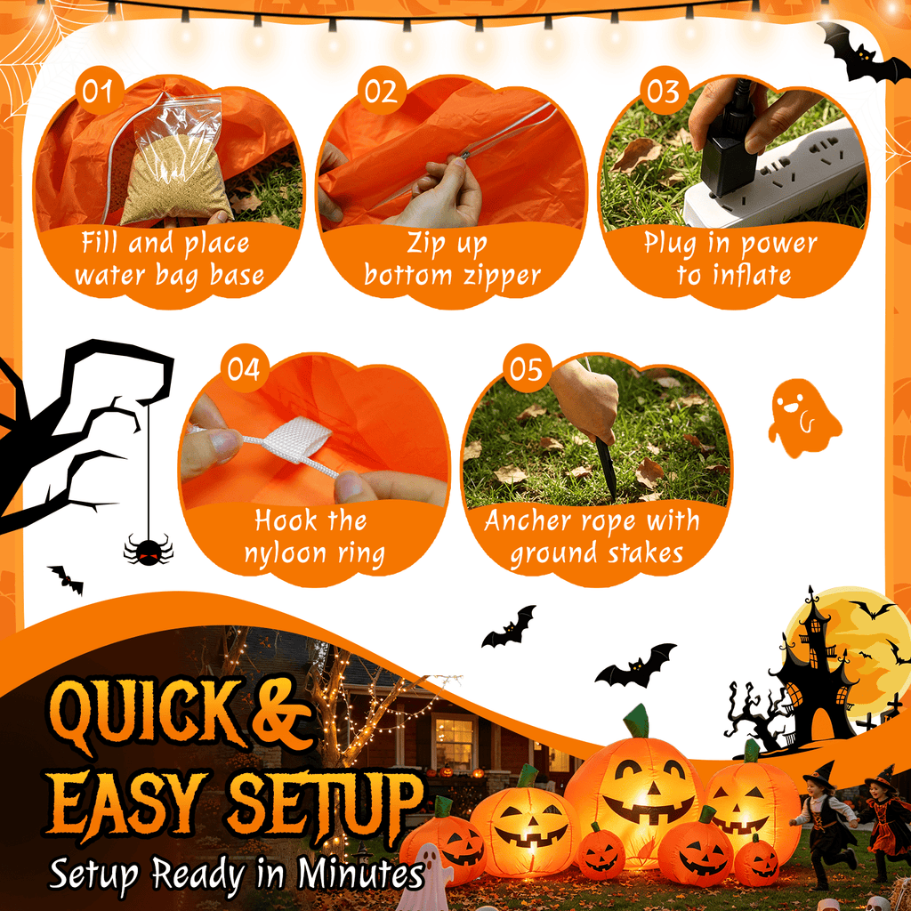 7.5 FT Long Halloween Inflatables Pumpkin Family Lighted,7 Pumpkins Blow Up Yard Decoration, Built-in LEDs, Stakes & Tethers Included for Outdoor Lawn Garden Halloween Decor
