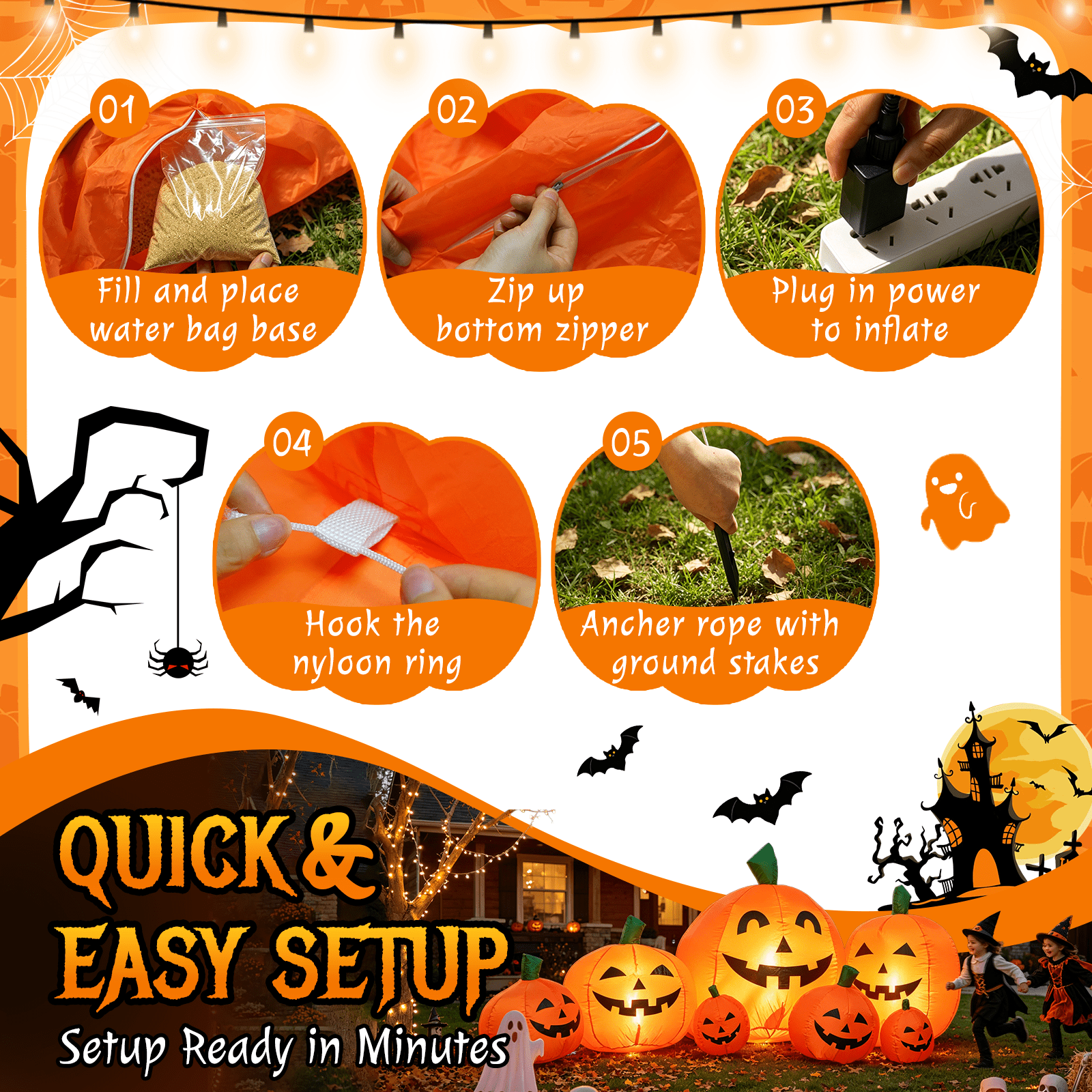 7.5 FT Long Halloween Inflatables Pumpkin Family Lighted,7 Pumpkins Blow Up Yard Decoration, Built-in LEDs, Stakes & Tethers Included for Outdoor Lawn Garden Halloween Decor