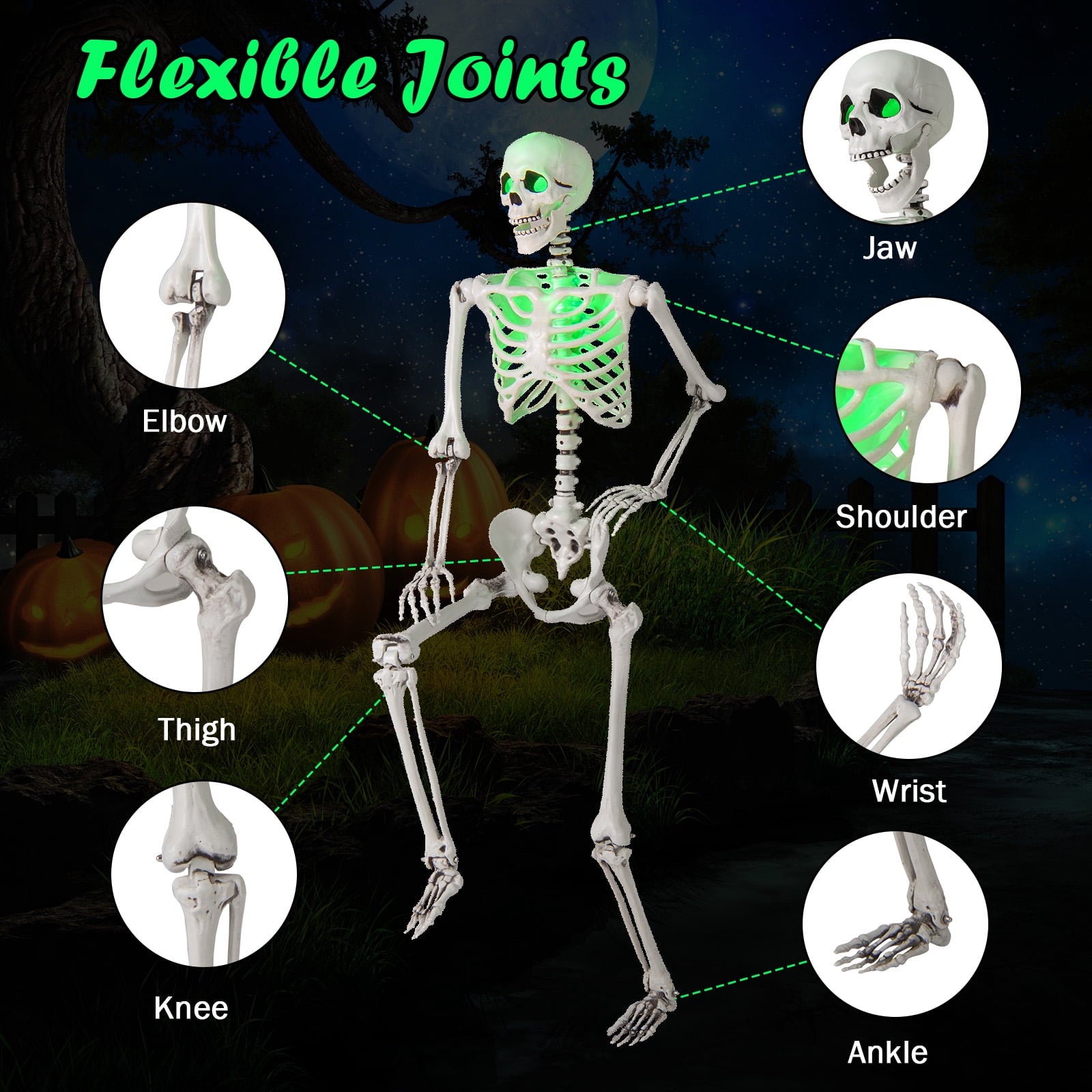 Costway 5.5 FT Poseable Halloween Skeleton Life-Size Decoration with Built-in Lights Green
