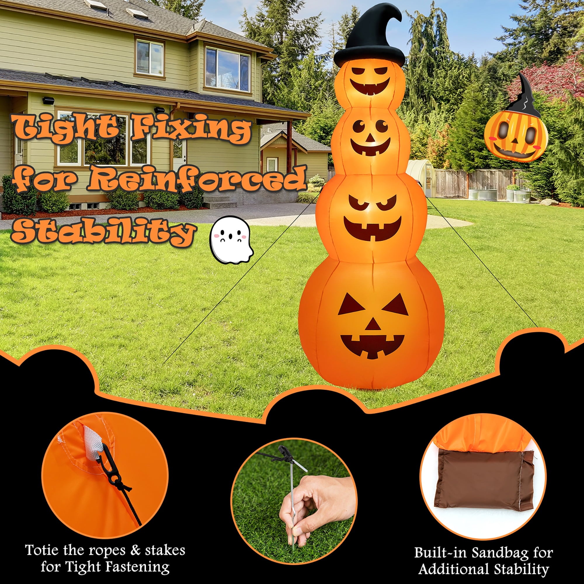 Gymax 8 ft Inflatable Halloween Pumpkins Stack Holiday Decor w/ Built-in LED Lights