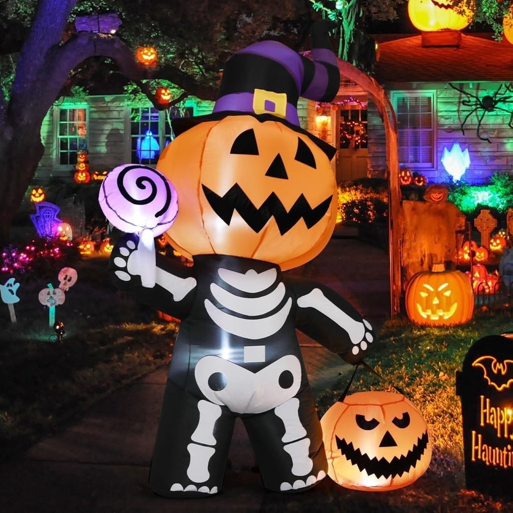 Halloween Inflatables 6 FT Halloween Pumpkin Inflatable with Skull Body, Scary Blow Up Halloween Pumpkin Decoration with LED Lights, Outdoor Halloween Decorations Clearance for Holiday Party