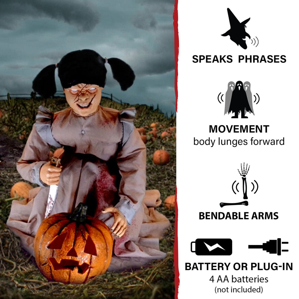 Lunging Pumpkin Carver Zombie Girl with Jack O'Lantern by Tekky, 3.2 ft Premium Talking Halloween Animatronic, HHPMPCVR-FLSA
