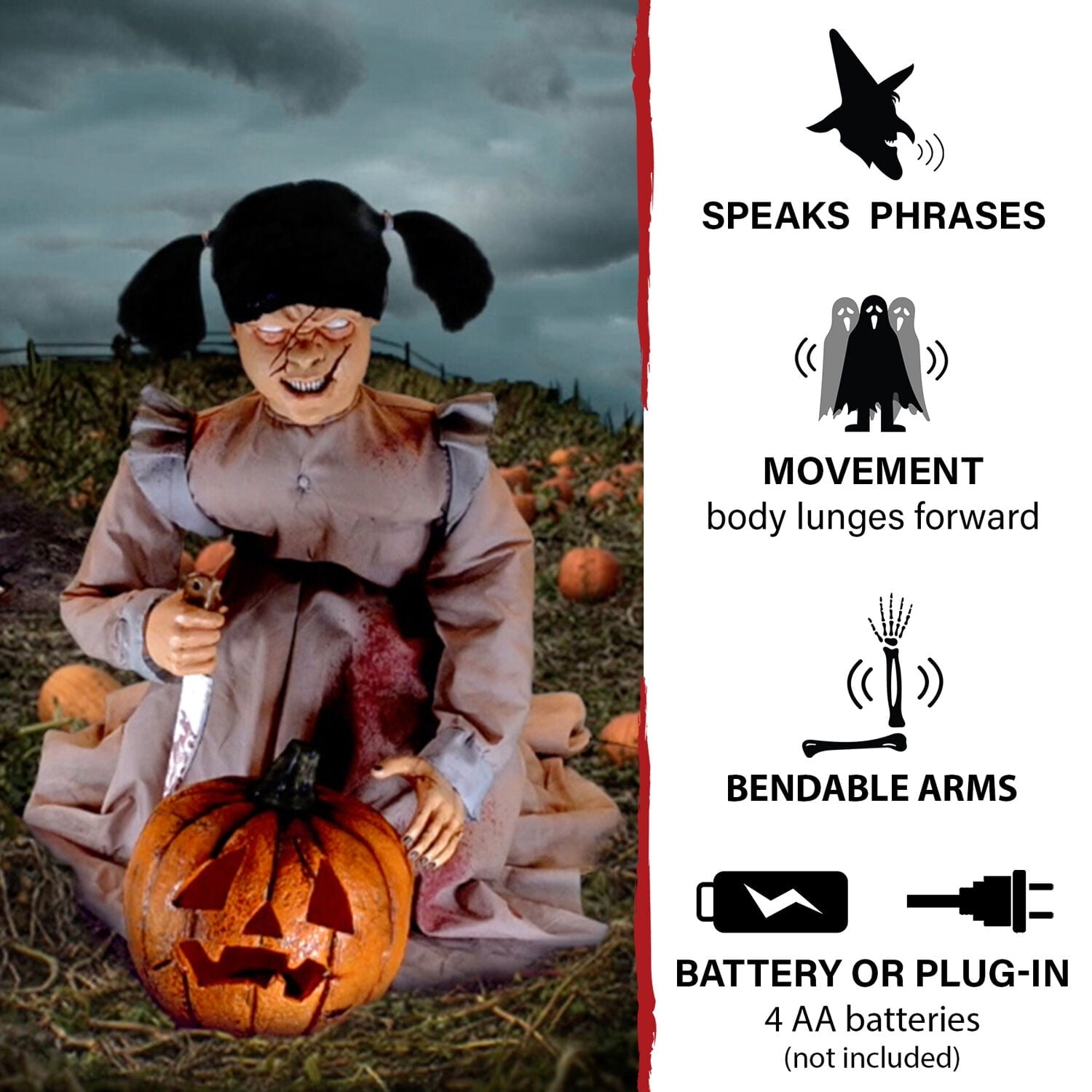 Lunging Pumpkin Carver Zombie Girl with Jack O'Lantern by Tekky, 3.2 ft Premium Talking Halloween Animatronic, HHPMPCVR-FLSA