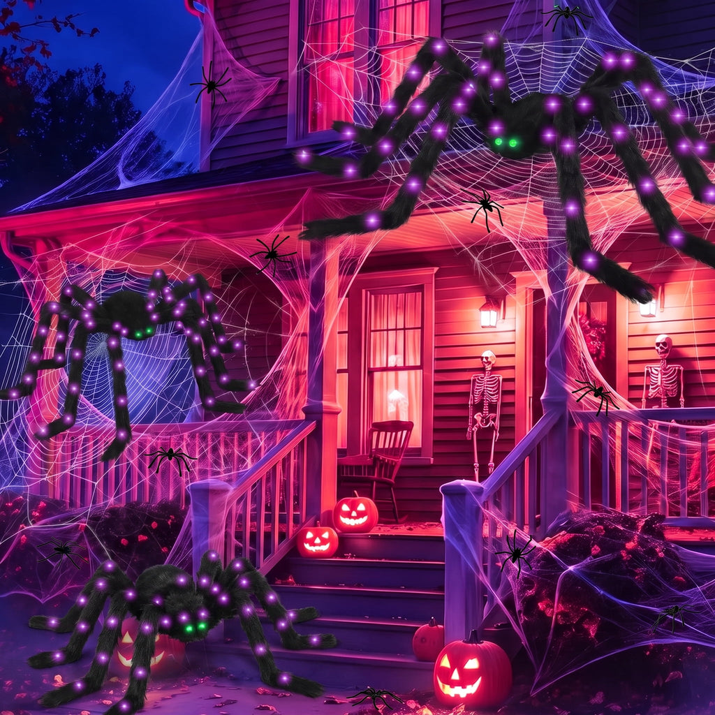 Halloween Spider Decorations Set, 5FT and 2 Pack 4FT Lighted Giant Spider Decorations for Halloween Party Indoor Outdoor Yard Home Decor