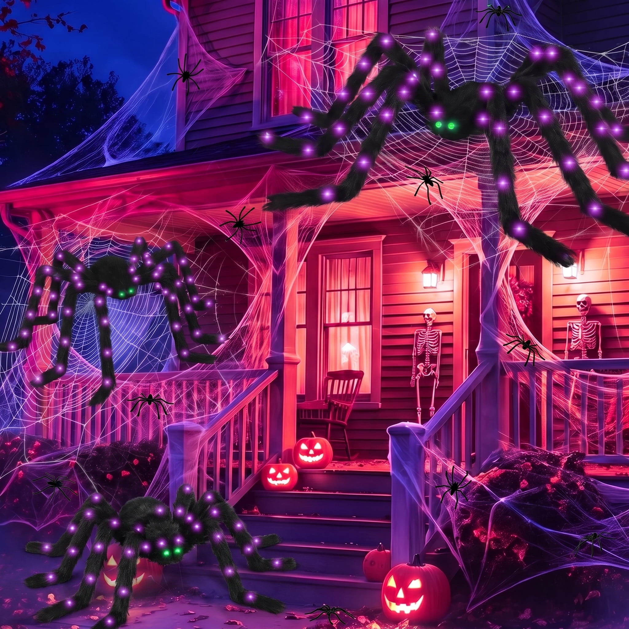 Halloween Spider Decorations Set, 5FT and 2 Pack 4FT Lighted Giant Spider Decorations for Halloween Party Indoor Outdoor Yard Home Decor