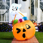 5ft Halloween Inflatables Light up Cute Ghost,Blow Up Ghost Lift Pumpkin Candy Bag with Build-in LEDs for Yard Decorations