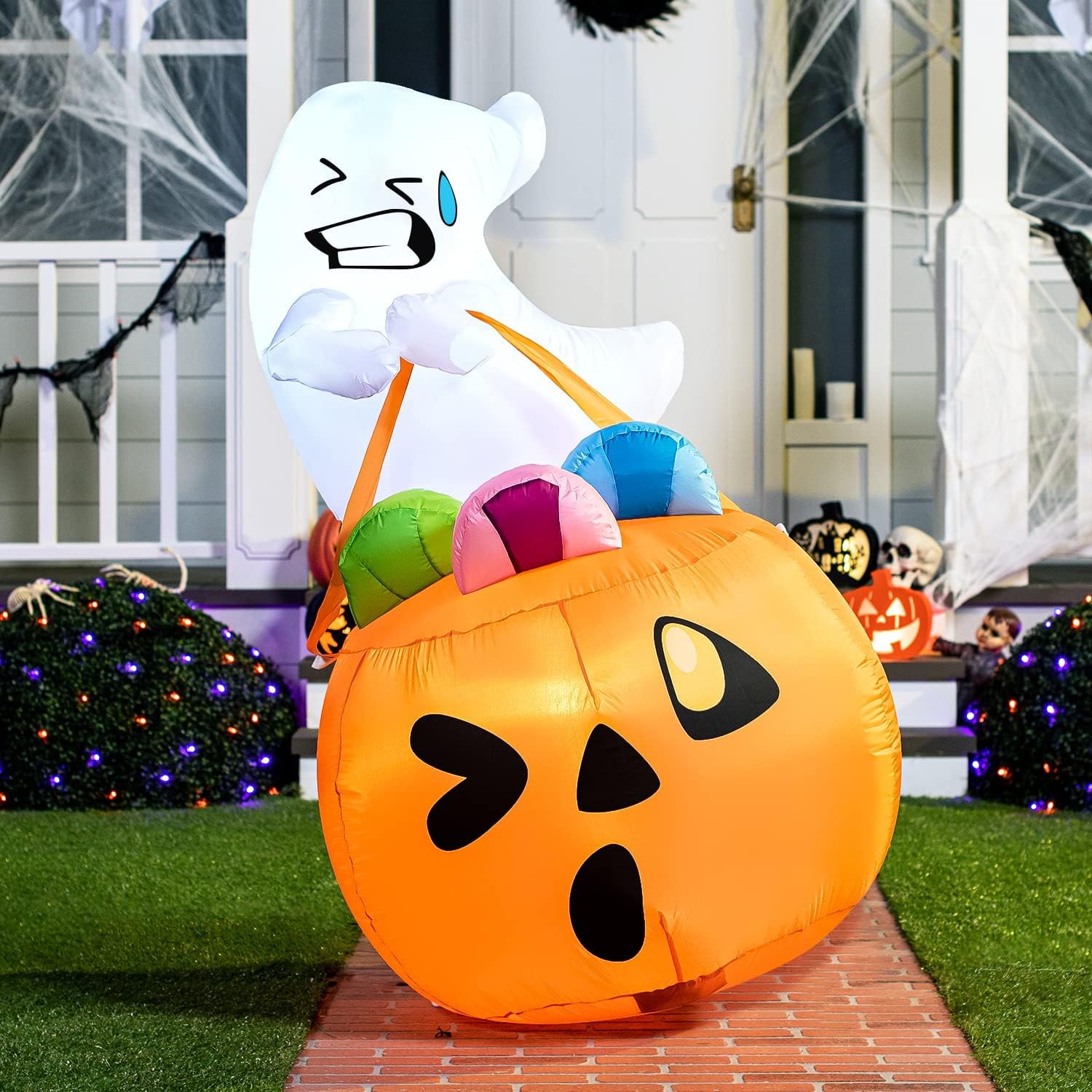 5ft Halloween Inflatables Light up Cute Ghost,Blow Up Ghost Lift Pumpkin Candy Bag with Build-in LEDs for Yard Decorations