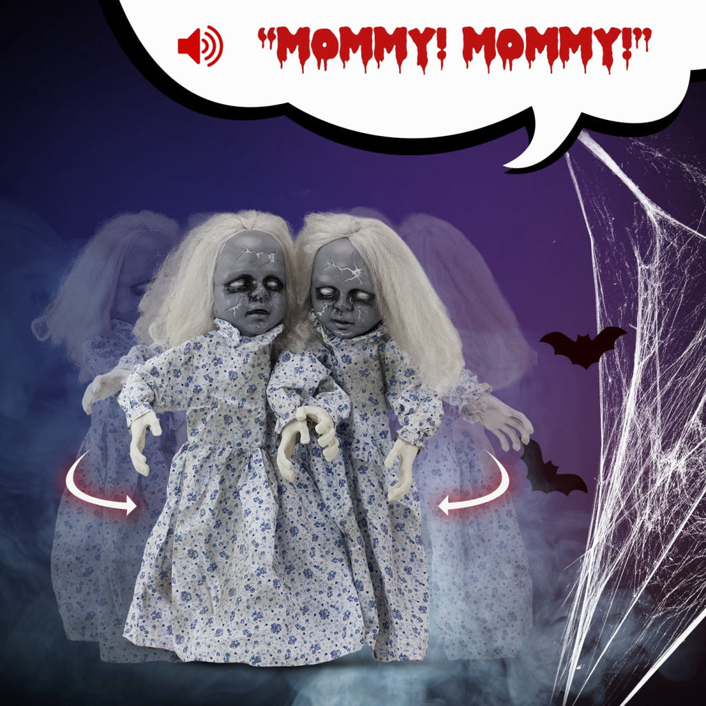 2.8ft Halloween Scary Yard Decorations, Twin Girls Halloween Standing Decoration, Animated Haunted House Halloween Party Prop Decoration, with Creepy Sounds, for Front Porch, Patio, Yard, Lawn, Garden