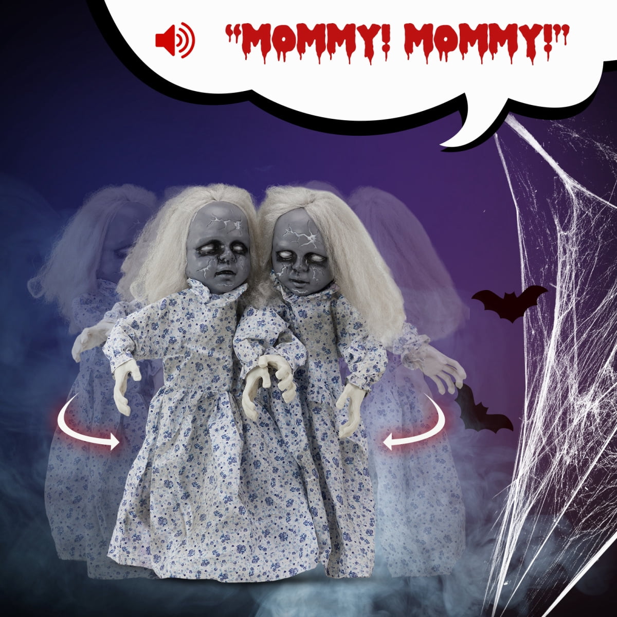 2.8ft Halloween Scary Yard Decorations, Twin Girls Halloween Standing Decoration, Animated Haunted House Halloween Party Prop Decoration, with Creepy Sounds, for Front Porch, Patio, Yard, Lawn, Garden