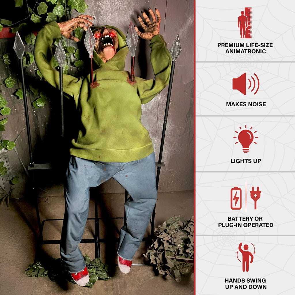 4.4 ft Voice-Sensor Impaled Zombie Halloween Animatronic, HHIMPZOMB-1FLSA