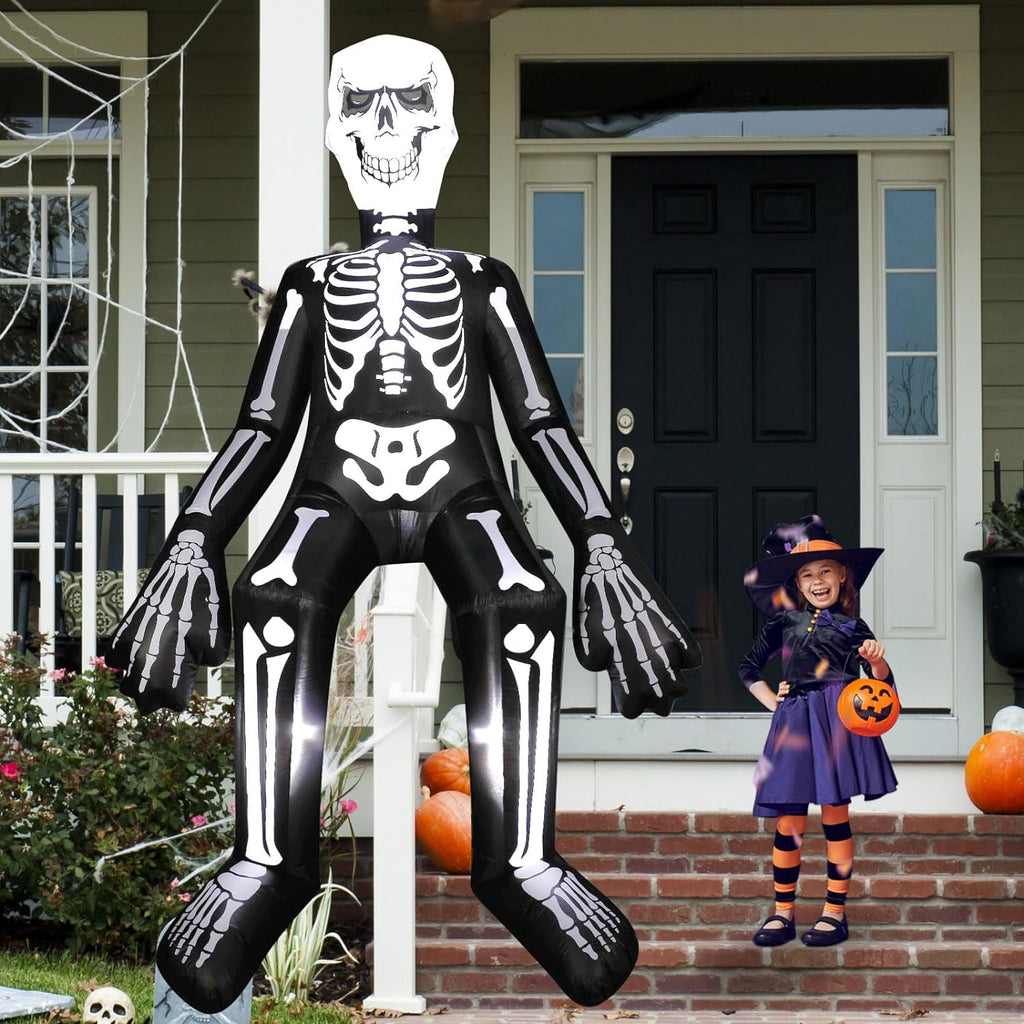 Halloween Inflatables Outdoor Decorations, 10.5FT Sitting Skeleton Halloween Outdoor Inflatables Decorations Skeleton Blow Up Built in Lights Air Pump for Halloween Party Yard Garden Party Supplies