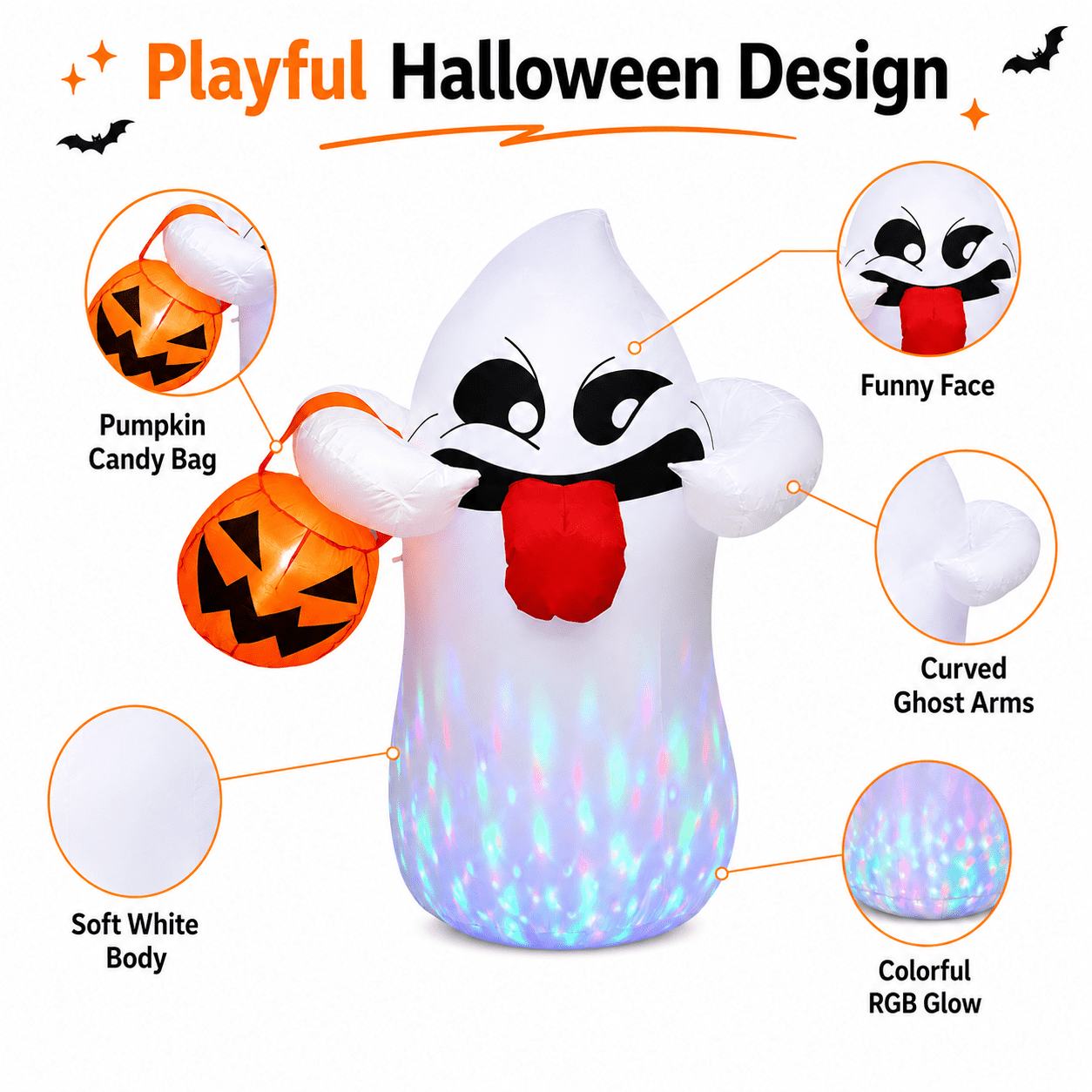 5FT Halloween Inflatable Ghost Holding Pumpkin Lantern, Light-Up Blow Up Outdoor Yard Decoration with RGB LED Lights