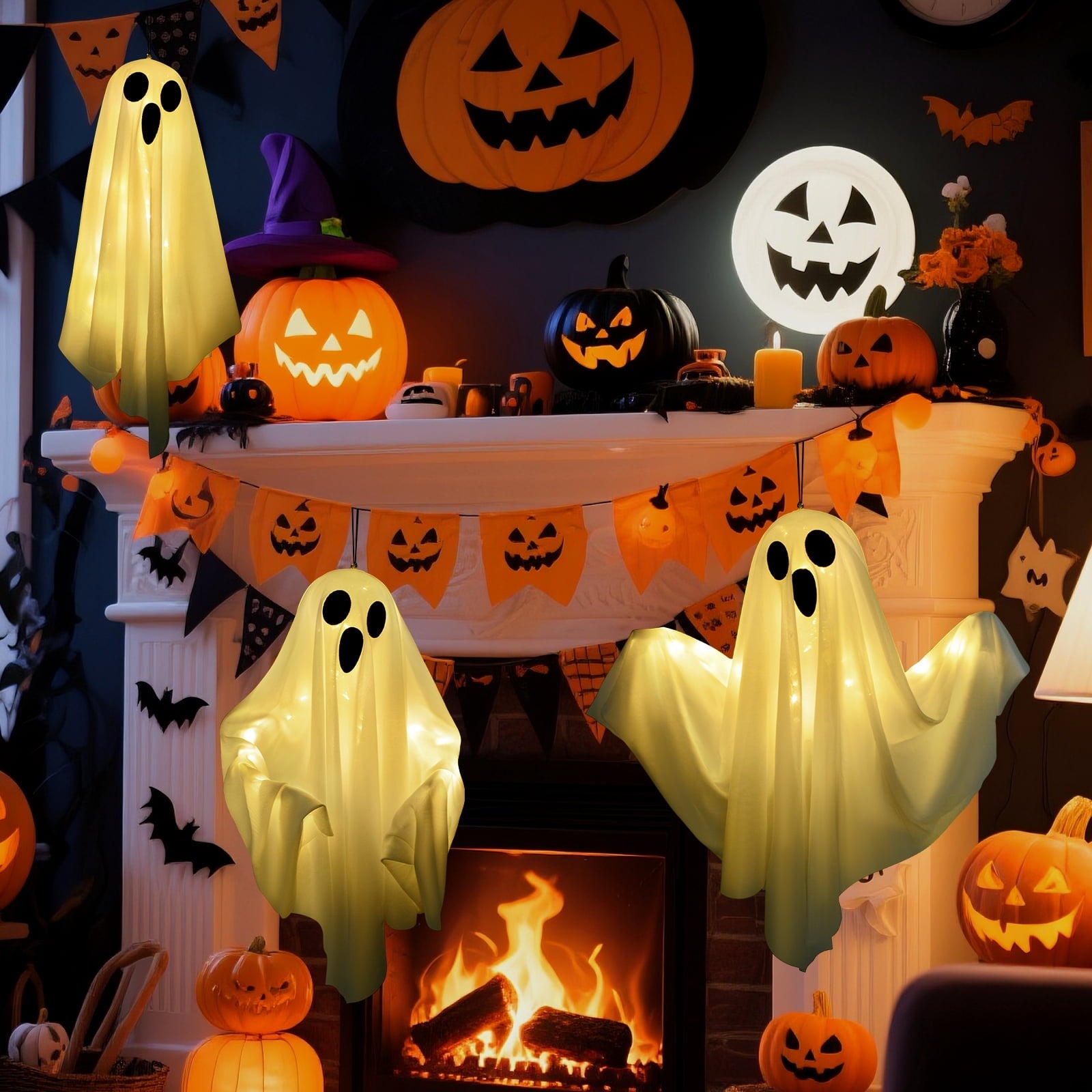 3 pack Hanging Ghosts Halloween Decor, 20 inch LED Glowing Ghost Halloween Decorations Outdoor Lights for Yard Porch Tree Garden Patio Bedroom Wall Party, Warm White