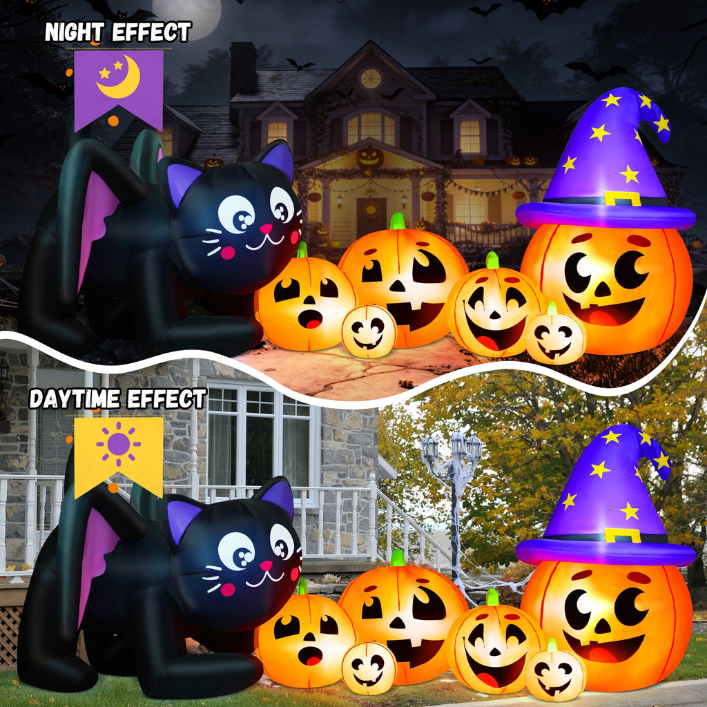 9FT Halloween Inflatable Black Cat with Pumpkin,Halloween Yard Decoration with 8 LED Lights,Blow Up Outdoor Lawn Decor