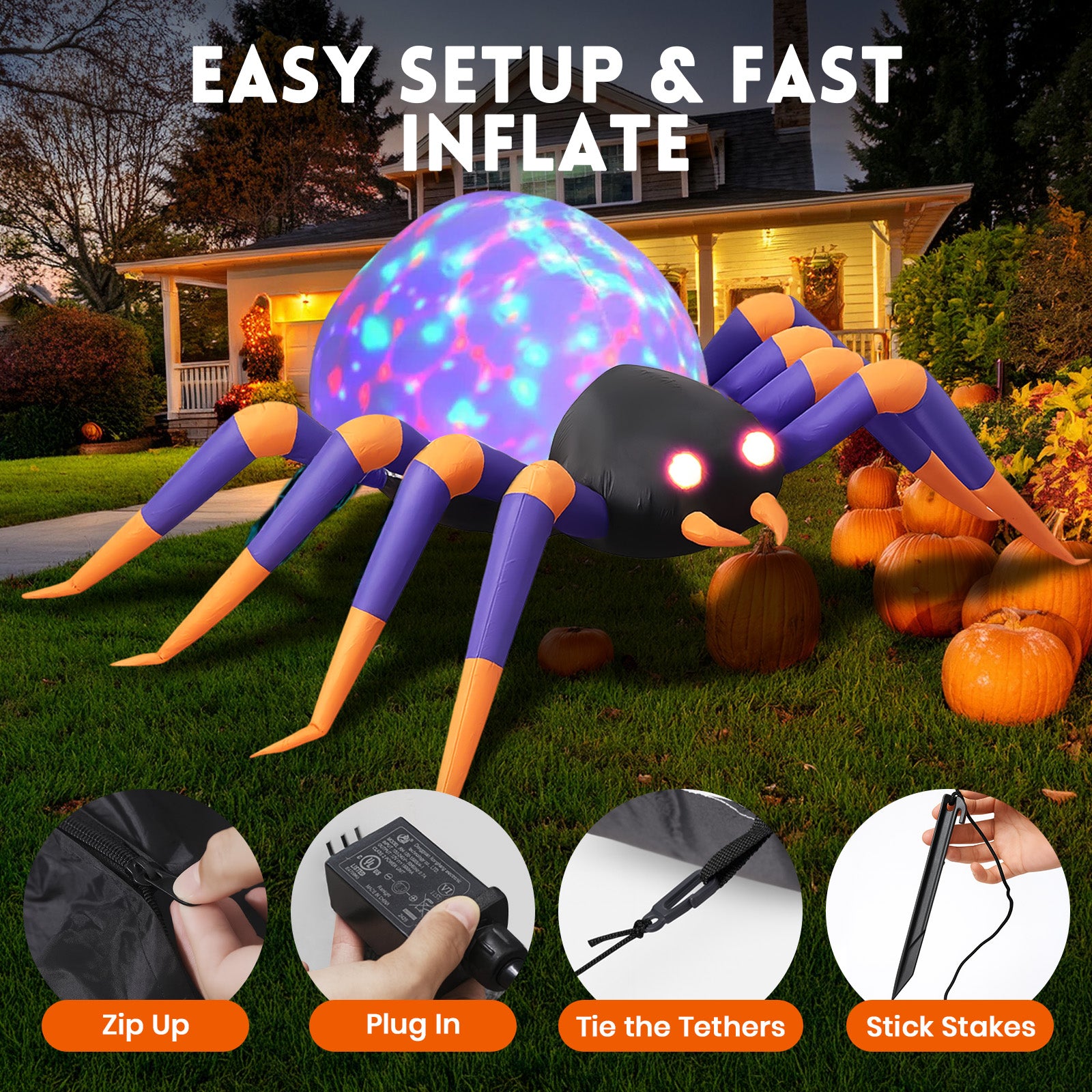 8 FT Halloween Spider Inflatables Outdoor Decorations, Blow Up Yard Decoration with Built-in LED Lights for Holiday, Party, Yard, Garden