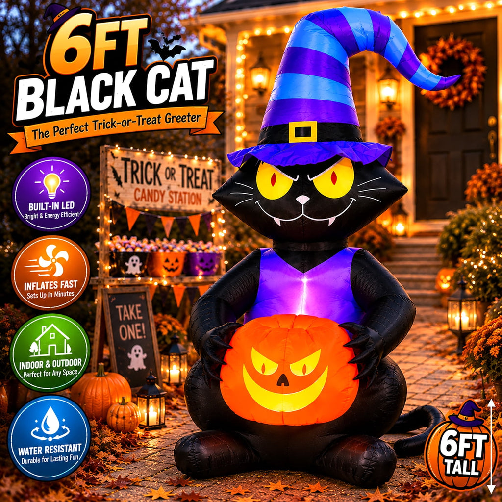 Toiyjofe 6ft Halloween Inflatable Black Cat with Jack-o'-Lantern & LED Lights, Trick-or-Treat Yard Decoration with Witch Hat for Outdoor Lawn & Porch