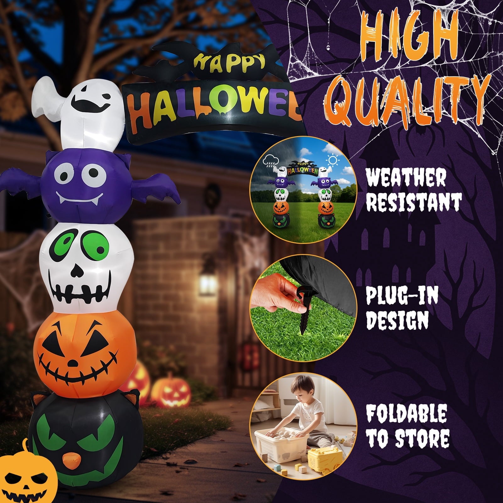 8.2' Halloween Inflatables Pumpkin Ghost Archway, Blow up Hallowee Decorations with Built-in LED Lights for Holiday
