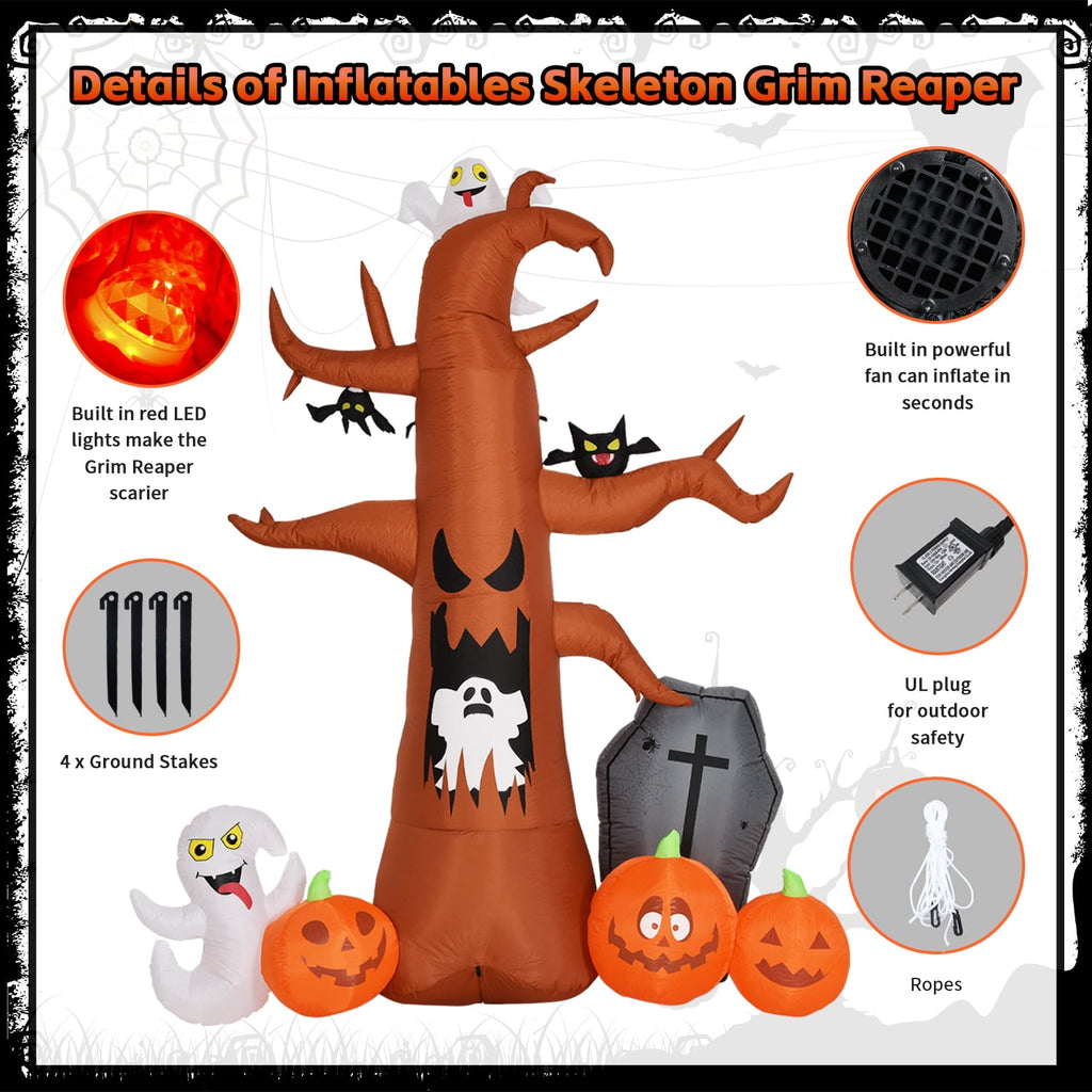 Coolmade 8 ft Halloween Inflatable Outdoor Dead Tree with Ghosts Pumpkins Tombstone Bat, Halloween Blow Up Yard Decorations Clearance with Build-in LED Lights for Holiday Party Lawn Yard Garden