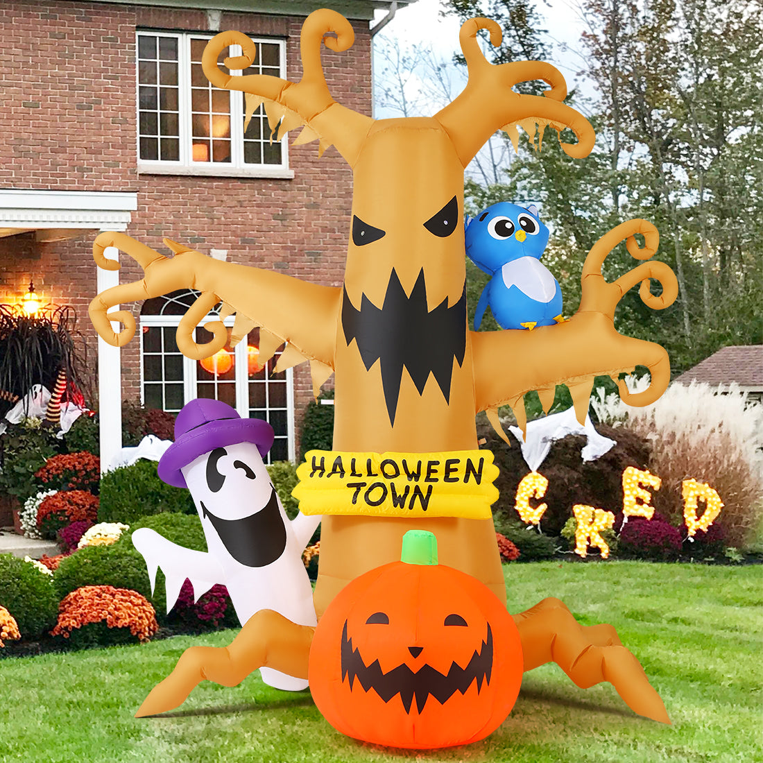 Halloween Inflatables 8 FT Halloween Inflatable tree with Ghost Pumpkin and Owl, Halloween Dead Tree Decorations Scary Halloween Decorations with Built-in Lights for Halloween/Holiday/Party